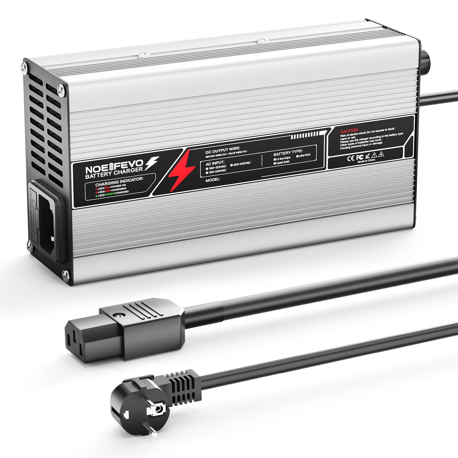 NOEIFEVO 54,75V 8A LiFePO4-accu lader voor 48V 15 S-batterij, automatische uitschakeling, aluminium behuizing, met ventilator (Zilver)