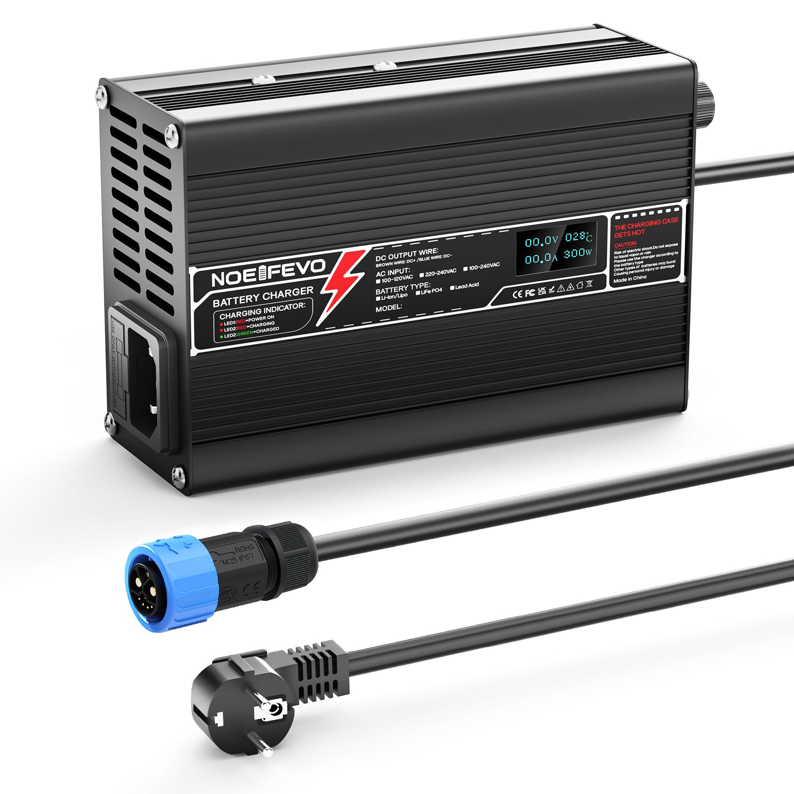 NOEIFEVO 29.4V 10A Lithium-lader til 7S 25.9V Li-Ion Lipo batteri E-cykellader, LED-display, aluminiumkasse, blæser