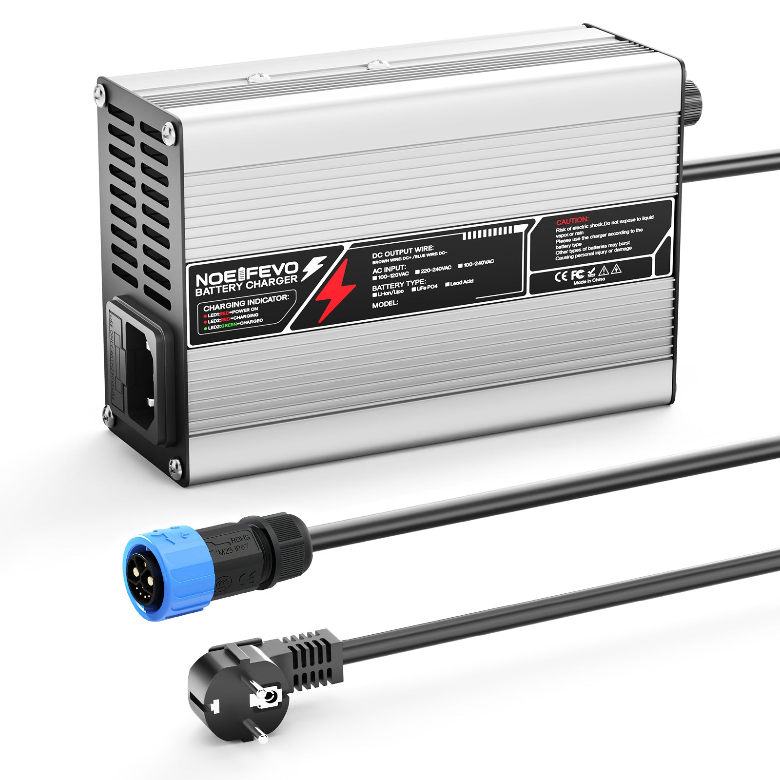 NOEIFEVO 42V 2A 3A 3.5A 4A Lithium-Ladegerät für 10S 37V Li-Ion Lipo-Batterien, Kühlventilator, automatischer Abschaltung