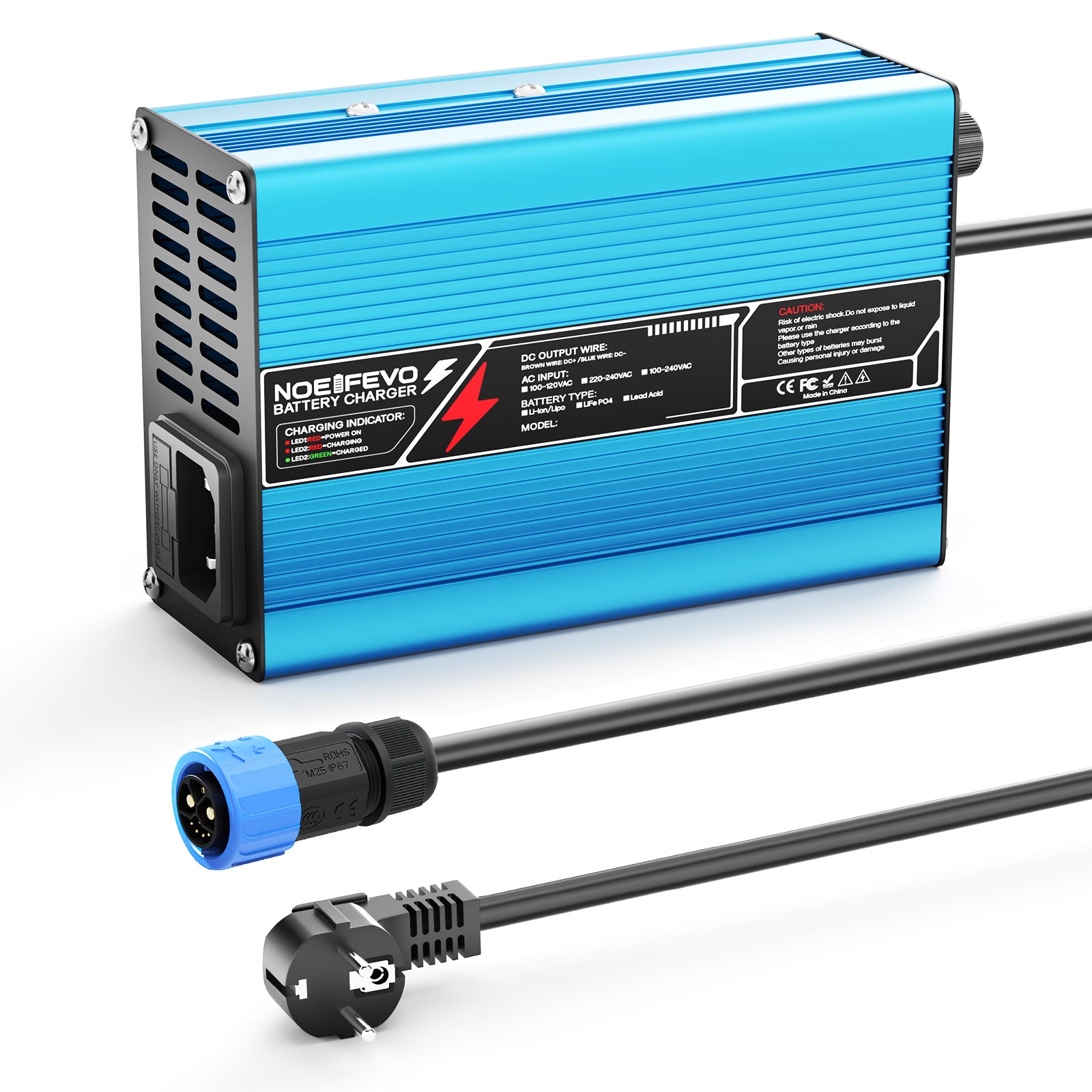 NOEIFEVO 25.2V 10A lithiumbatterijoplader voor 22.2V 6S-batterij, automatische uitschakeling, aluminium behuizing, met ventilator