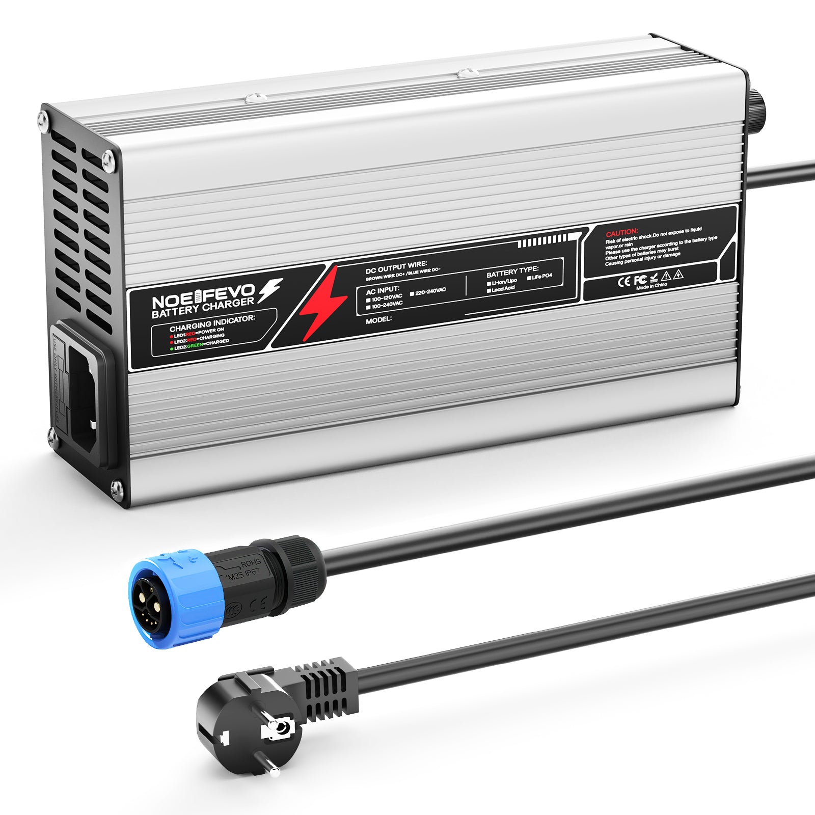 NOEIFEVO 54,75V 8A LiFePO4-accu lader voor 48V 15 S-batterij, automatische uitschakeling, aluminium behuizing, met ventilator (Zilver)