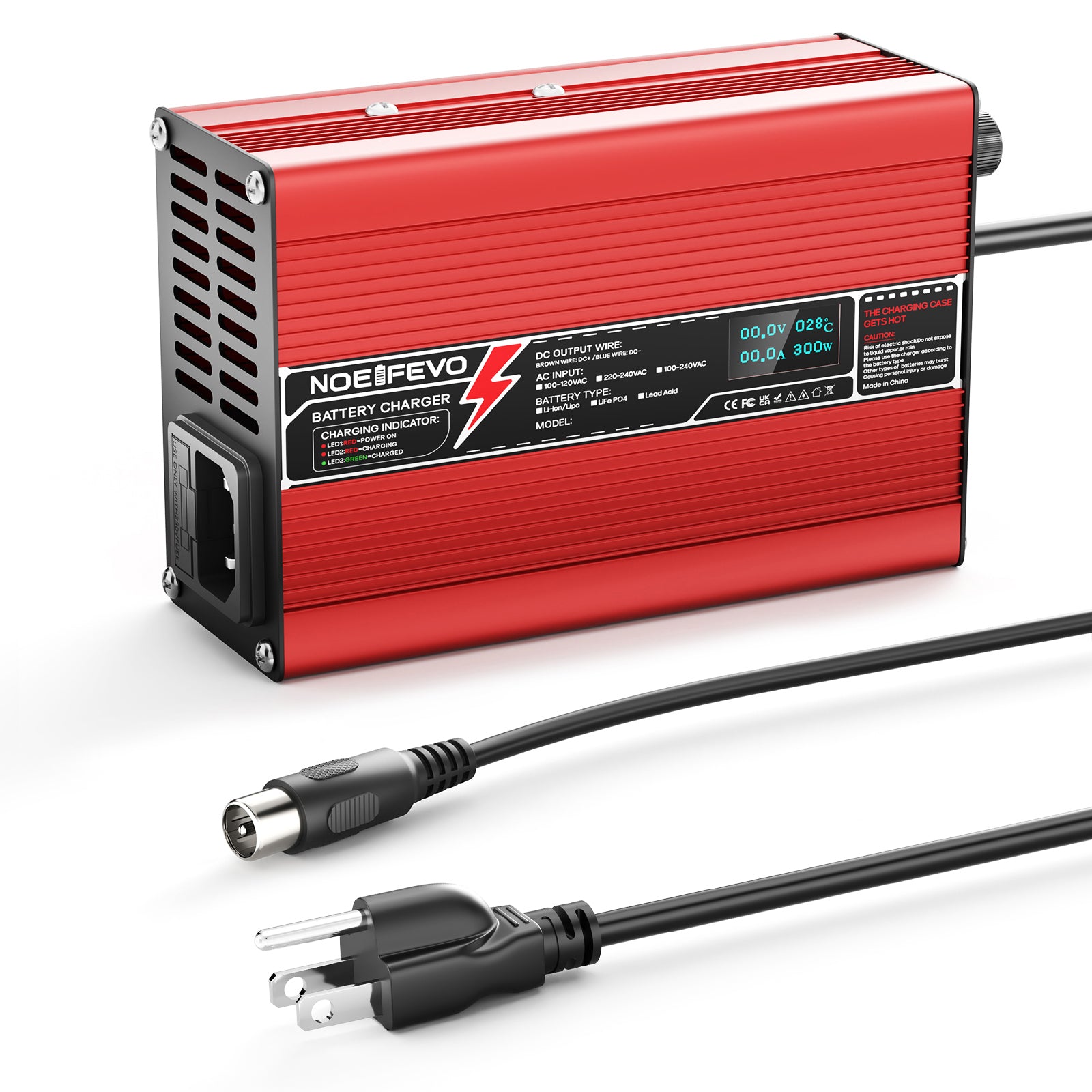 NOEIFEVO 54.6V 2A 2.5A 3A Lithium-Lader voor 13S 48.1V Li-Ion Lipo-batterijen, Koelventilator, automatische uitschakeling (ROOD)