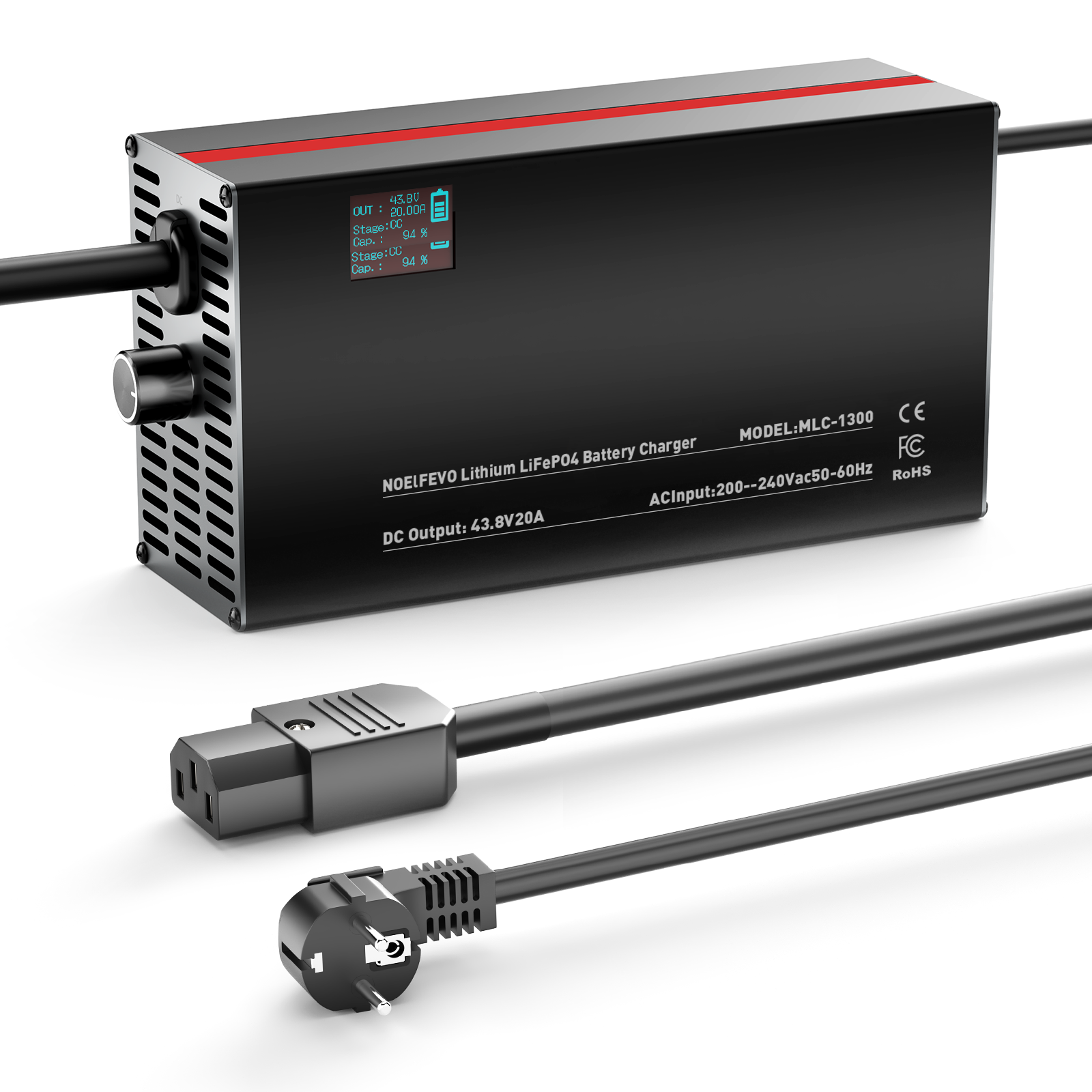 Nabíjačka na batérie LiFePO4 NOEIFEVO 43,8 V 20 A pre 38,4 V 12S LiFePO4 batérie, s LCD displejom, nastaviteľným prúdom, nabíjačka pre golfové vozíky, trollingové motory, lode a karavany.