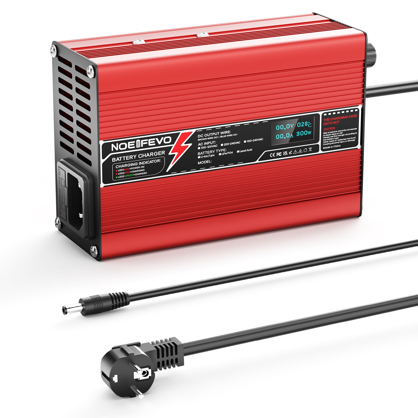 NOEIFEVO 33.6V 2A 3A 4A 5A Lithium-Ladegerät für 8S 29.6V Li-Ion Lipo-Batterien, mit LCD-Anzeige, Kühlventilator, automatischer Abschaltung（RED）