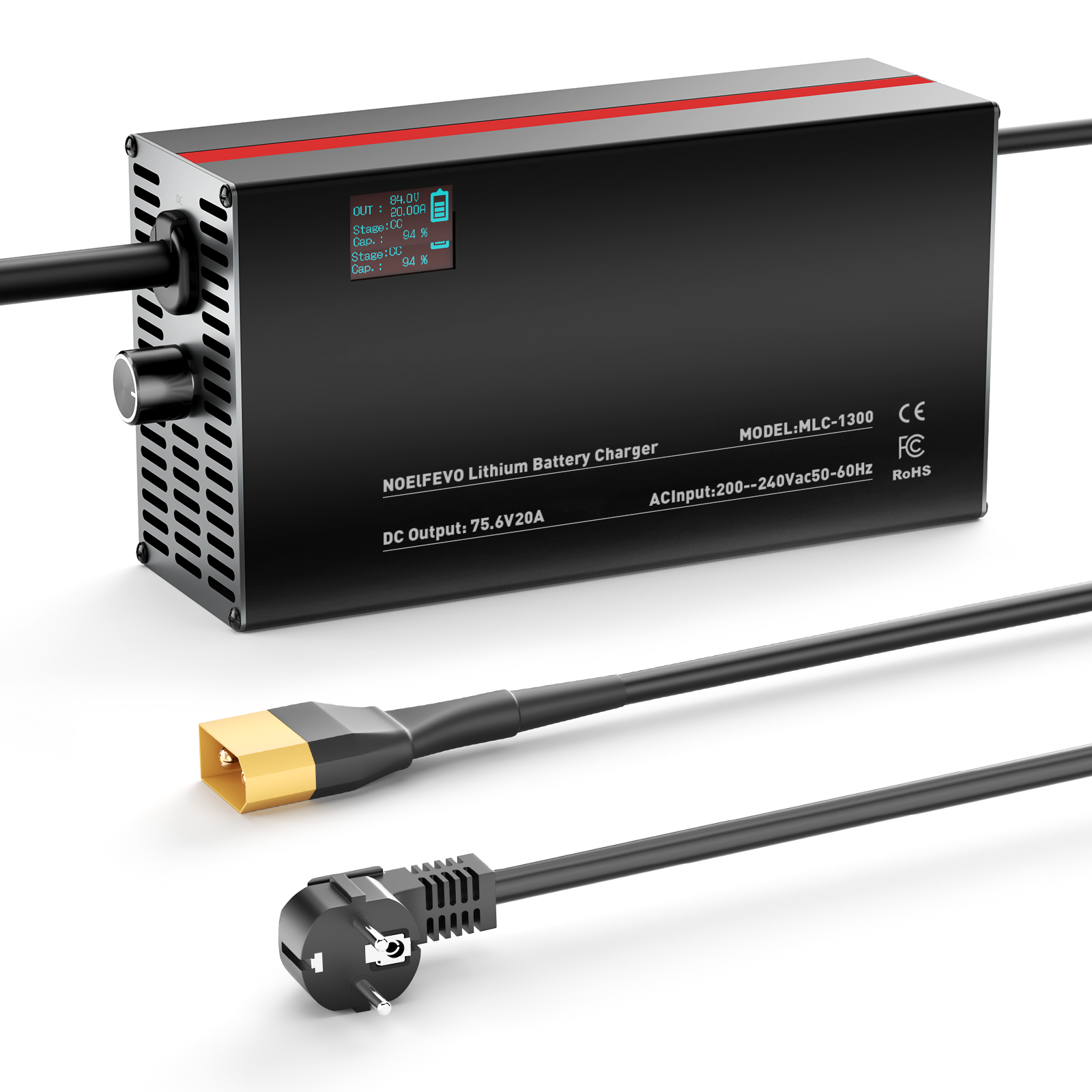 NOEIFEVO 84V 2-20A Lithium-batterilader til 74V 20S Lithium-Li-Ion-Lipo-batteri, LCD-skærm, justerbar strøm, lader til E-bike, scooter, elektrisk motorcykel