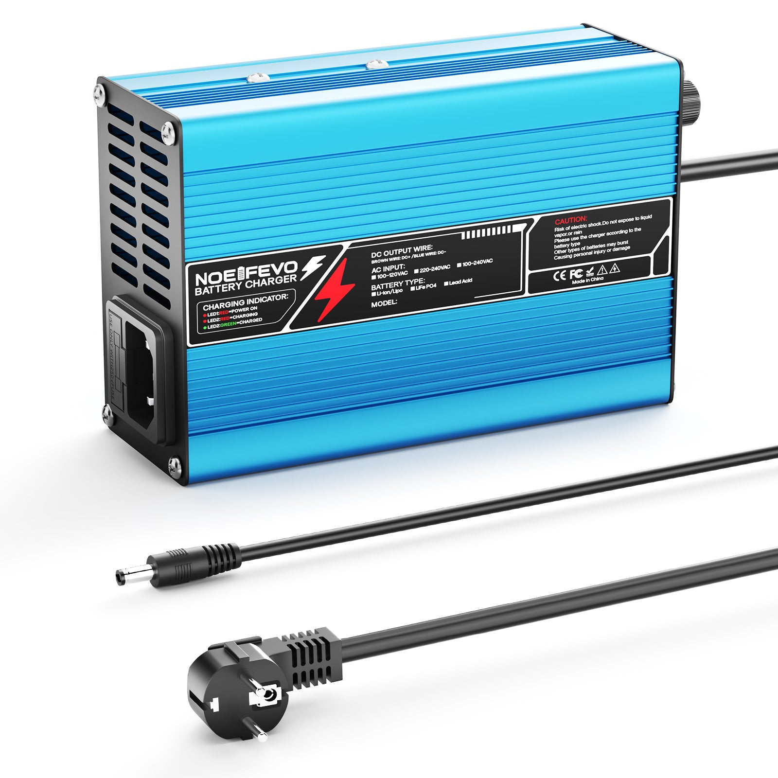 NOEIFEVO 36.5V 2A 3A 3.5A 4A LiFePO4 Batterijoplader voor 10S 32V LiFePO4 Batterij, automatische uitschakeling (BLAUW)