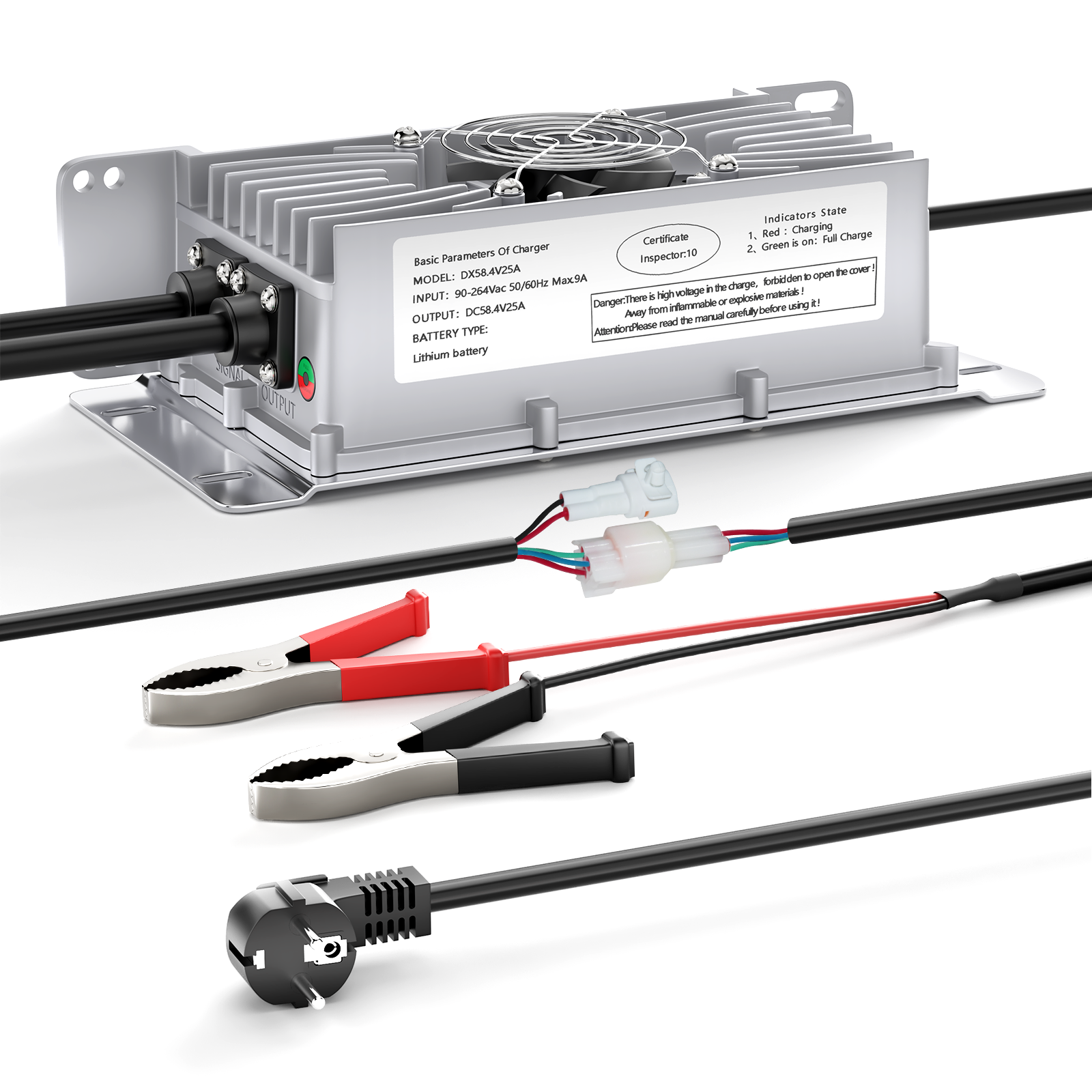 NOEIFEVO 48V 25A Lithium-Lifepo4 Batteriladdare, 58,4V Laddningsspänning för 48V (51,2V) 16S Batteri, Vattentät, 0V BMS Aktivering, med Låskabel för Elektriska Fordon, E-cyklar och Golfbilar