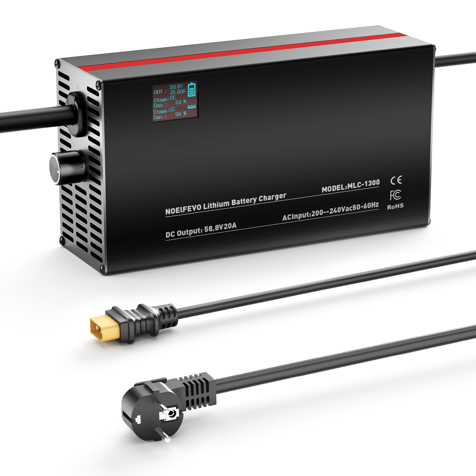 NOEIFEVO 58,8V 2-20A litiumbatterilader for 51,8V 52V 14S litium-lion-lipo-batteri, LCD-skjerm, justerbar strøm, lader for elsykkel, scooter, elektrisk motorsykkel
