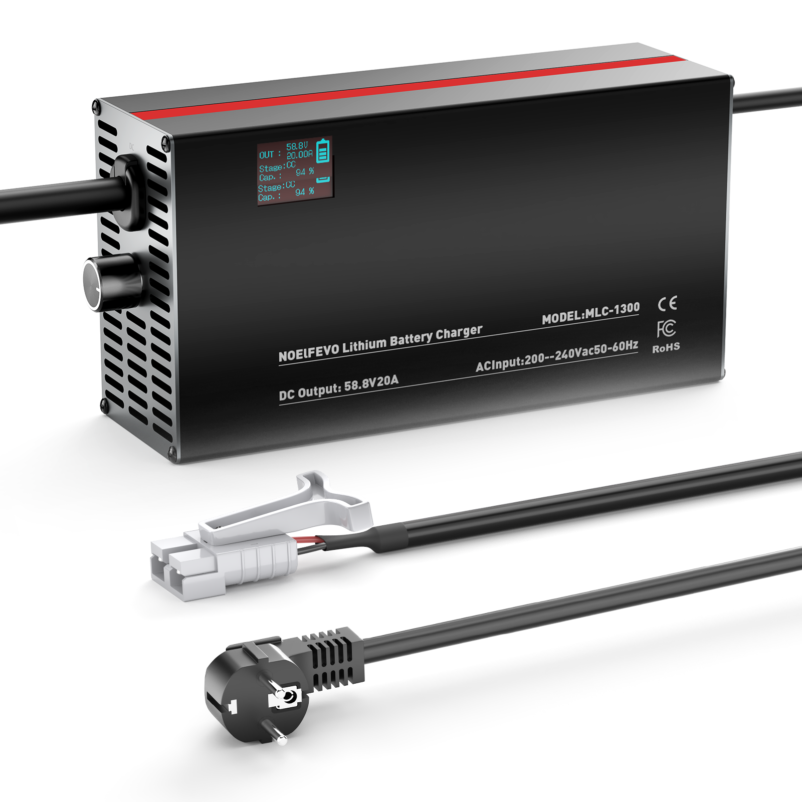 NOEIFEVO 58,8V 2-20A litiumbatterilader for 51,8V 52V 14S litium-lion-lipo-batteri, LCD-skjerm, justerbar strøm, lader for elsykkel, scooter, elektrisk motorsykkel