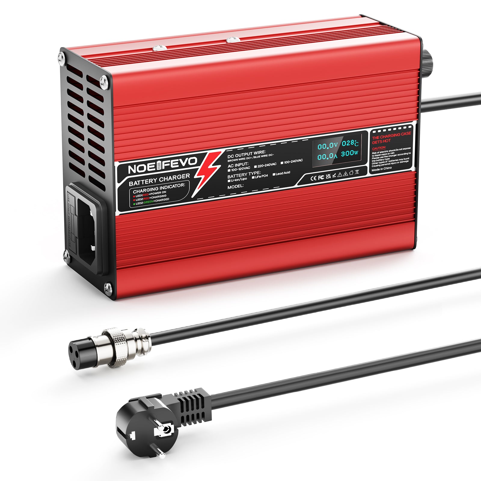 NOEIFEVO 46.2V 2A 3A 3.5A 4A Lithium-Ladegerät für 11S 40.7V Li-Ion Lipo-Batterien, mit LCD-Anzeige, Kühlventilator, automatischer Abschaltung(RED)