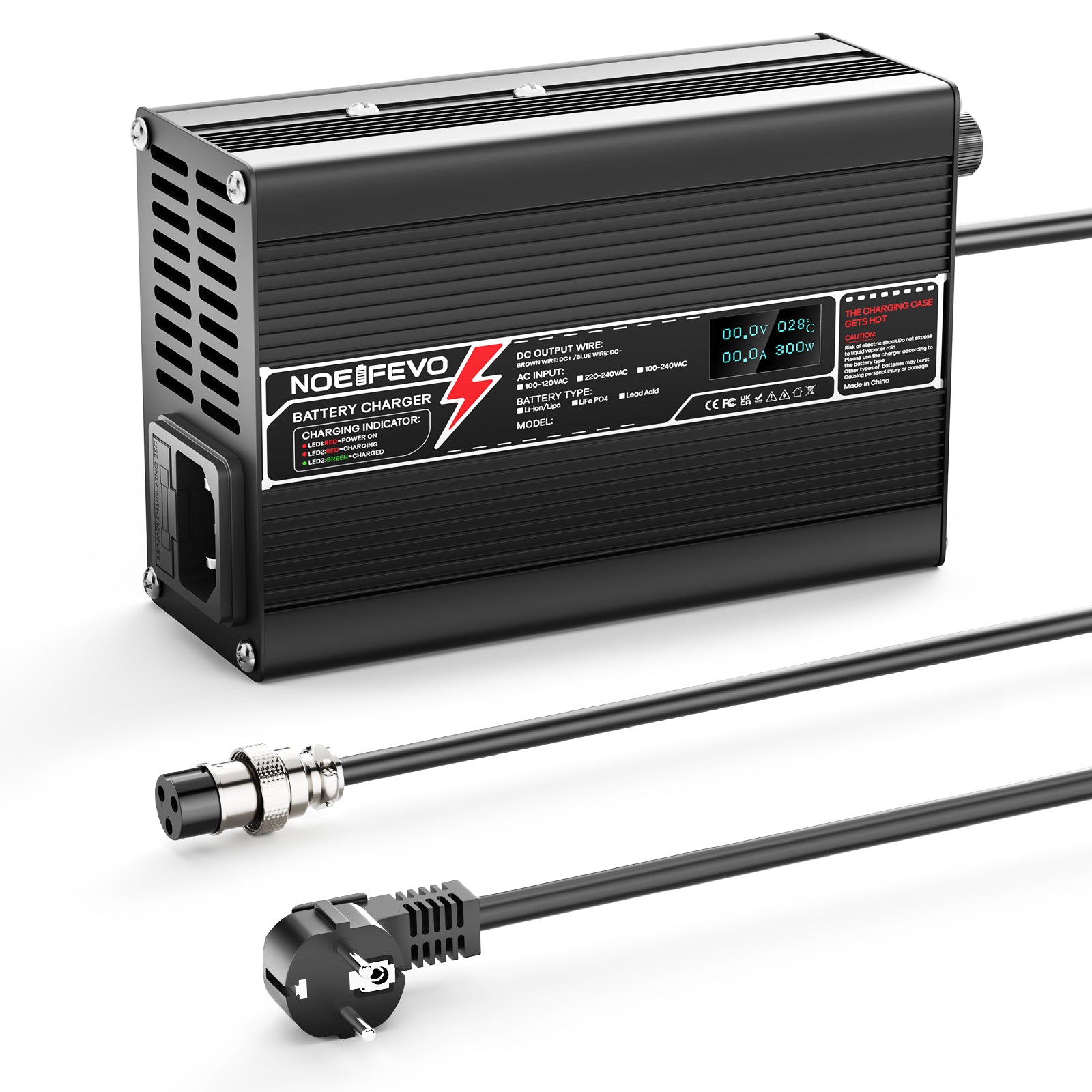 NOEIFEVO 33.6V 5A Carregador de Bateria de Lítio para Baterias Li-Ion Lipo 8S 29.6V, com Tela LCD, Ventilador de Refrigeração, Desligamento Automático.