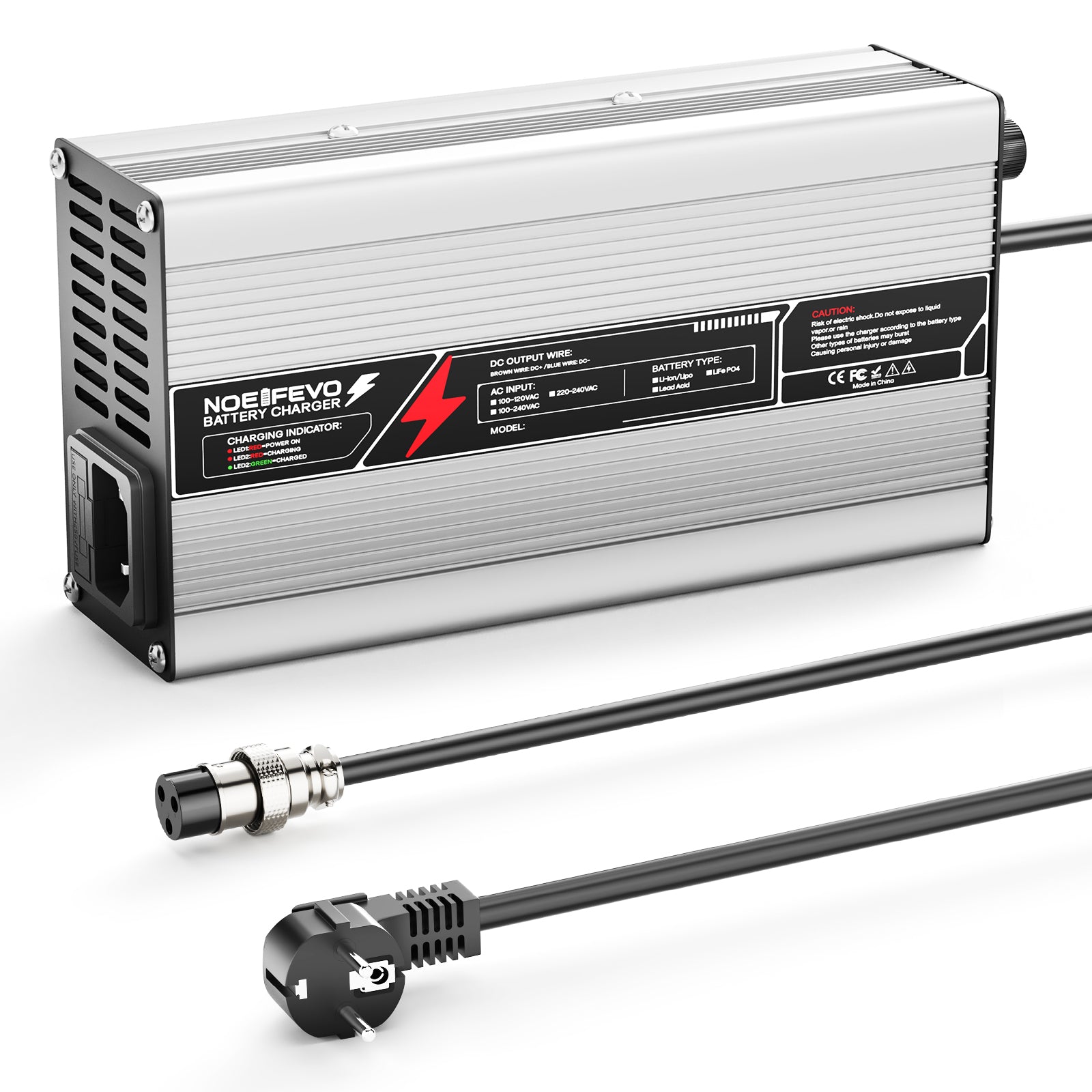 NOEIFEVO 58,8V 8A Lithium-batterijlader voor 51,8V (48V) 14S-batterij, automatische uitschakeling, aluminium behuizing, met ventilator (Zilver).