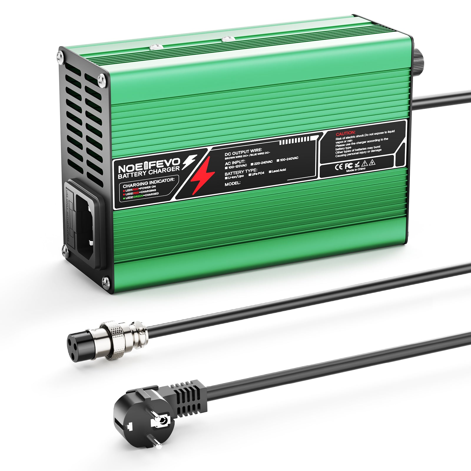 NOEIFEVO 42V  2A 3A 3.5A 4A Lithium-oplader voor 10S 37V Li-Ion Lipo-batterijen, koelventilator, automatische uitschakeling (GROEN)