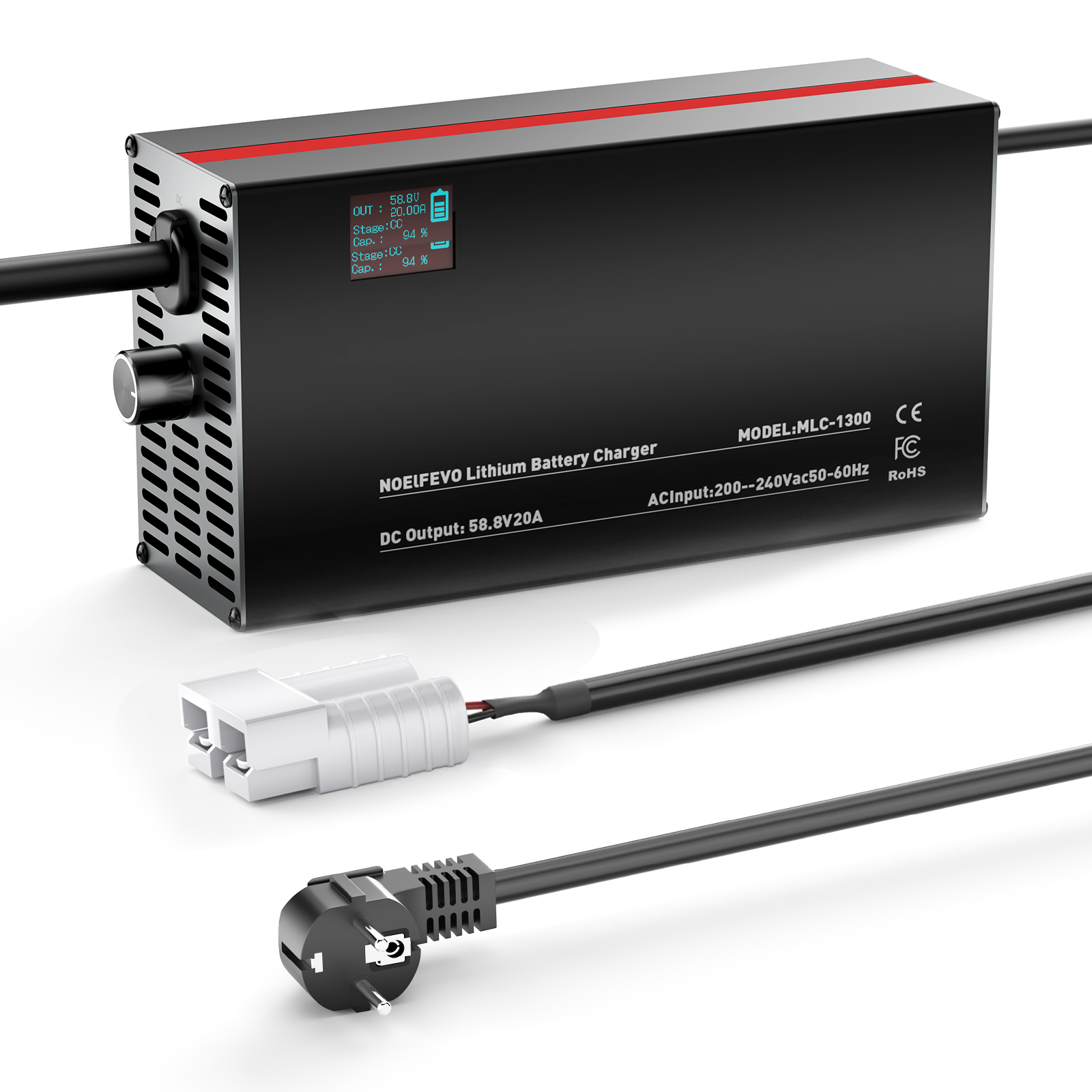 NOEIFEVO 58,8V 2-20A litiumbatterilader for 51,8V 52V 14S litium-lion-lipo-batteri, LCD-skjerm, justerbar strøm, lader for elsykkel, scooter, elektrisk motorsykkel