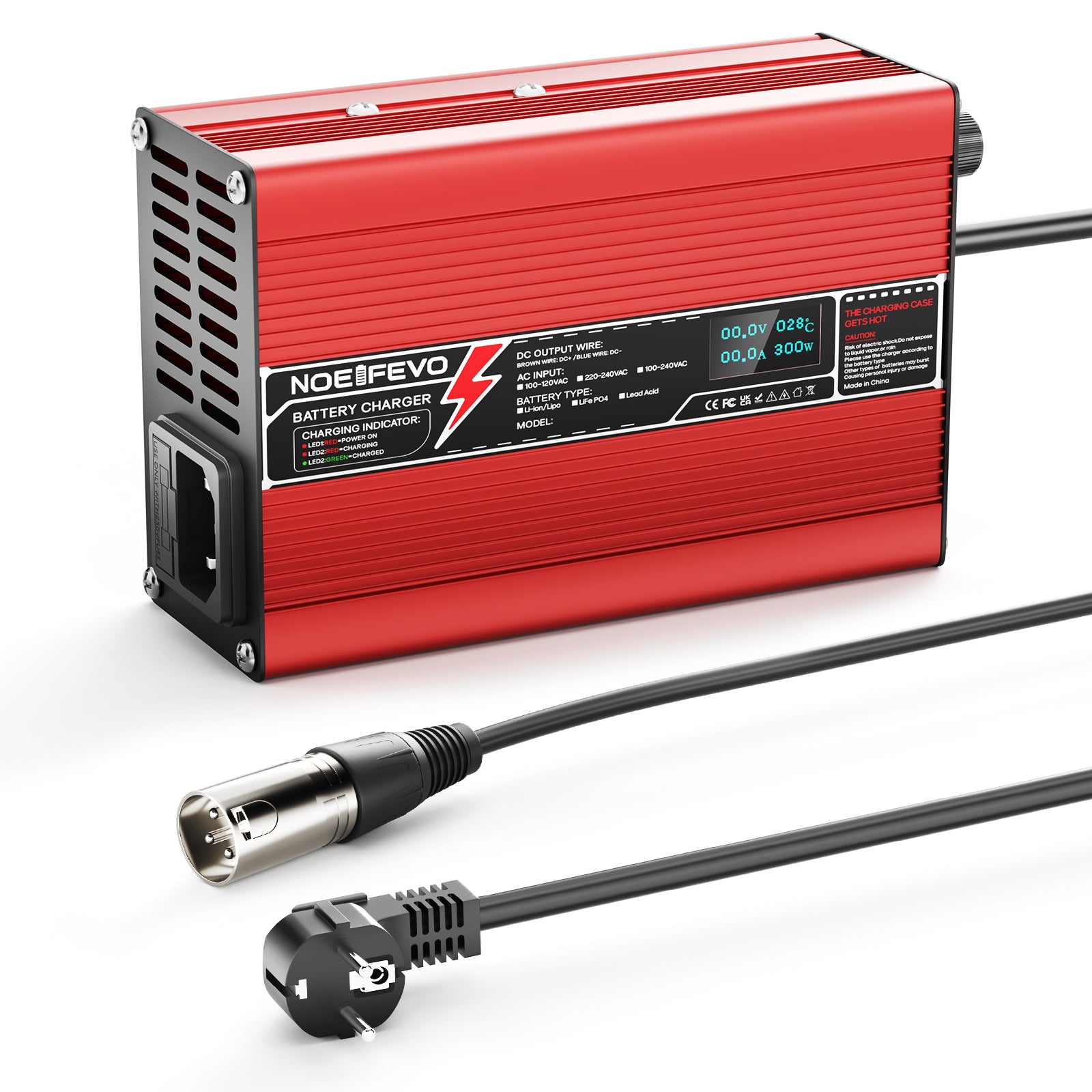 NOEIFEVO 21V 2A 3A 4A 5A Lithium-Ladegerät für 5S 18.5V Li-Ion Lipo-Batterien, mit LCD-Anzeige, Kühlventilator, automatischer Abschaltung（RED）