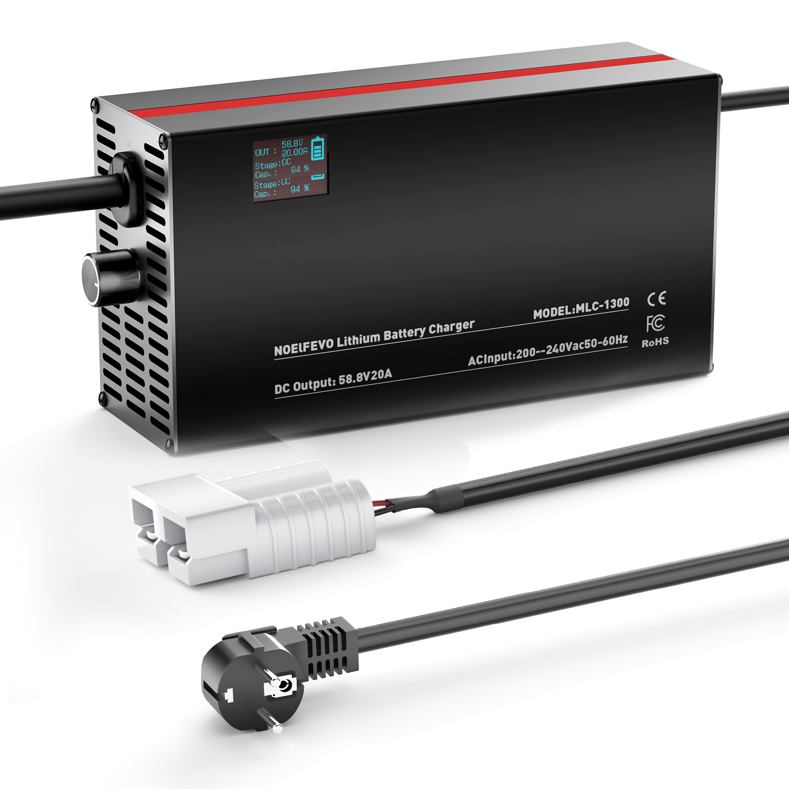 NOEIFEVO 58,8V 2-20A litiumbatterilader for 51,8V 52V 14S litium-lion-lipo-batteri, LCD-skjerm, justerbar strøm, lader for elsykkel, scooter, elektrisk motorsykkel