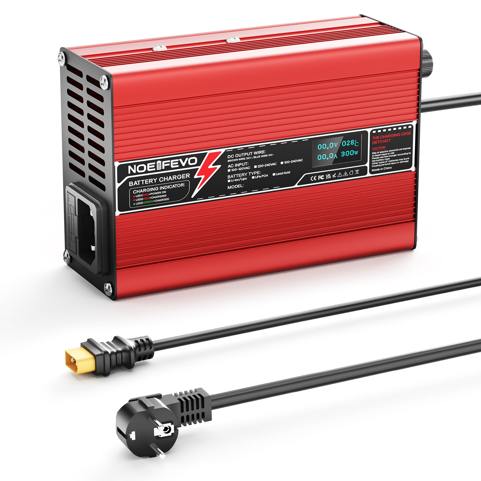 NOEIFEVO 16.8V 5A 6A 7A 8A 10A Lithium-Ladegerät für 4S 14.8V Li-Ion Lipo-Batterien, Kühlventilator, automatischer Abschaltung（RED）