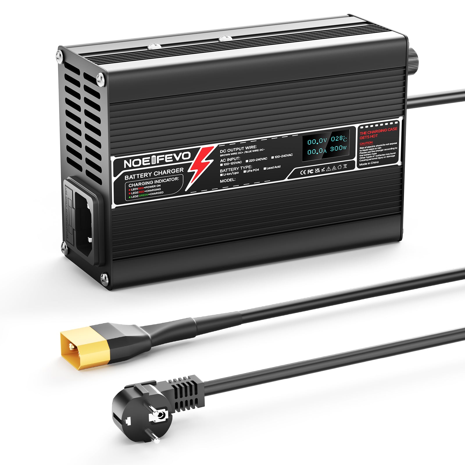 NOEIFEVO 33.6V 5A Carregador de Bateria de Lítio para Baterias Li-Ion Lipo 8S 29.6V, com Tela LCD, Ventilador de Refrigeração, Desligamento Automático.