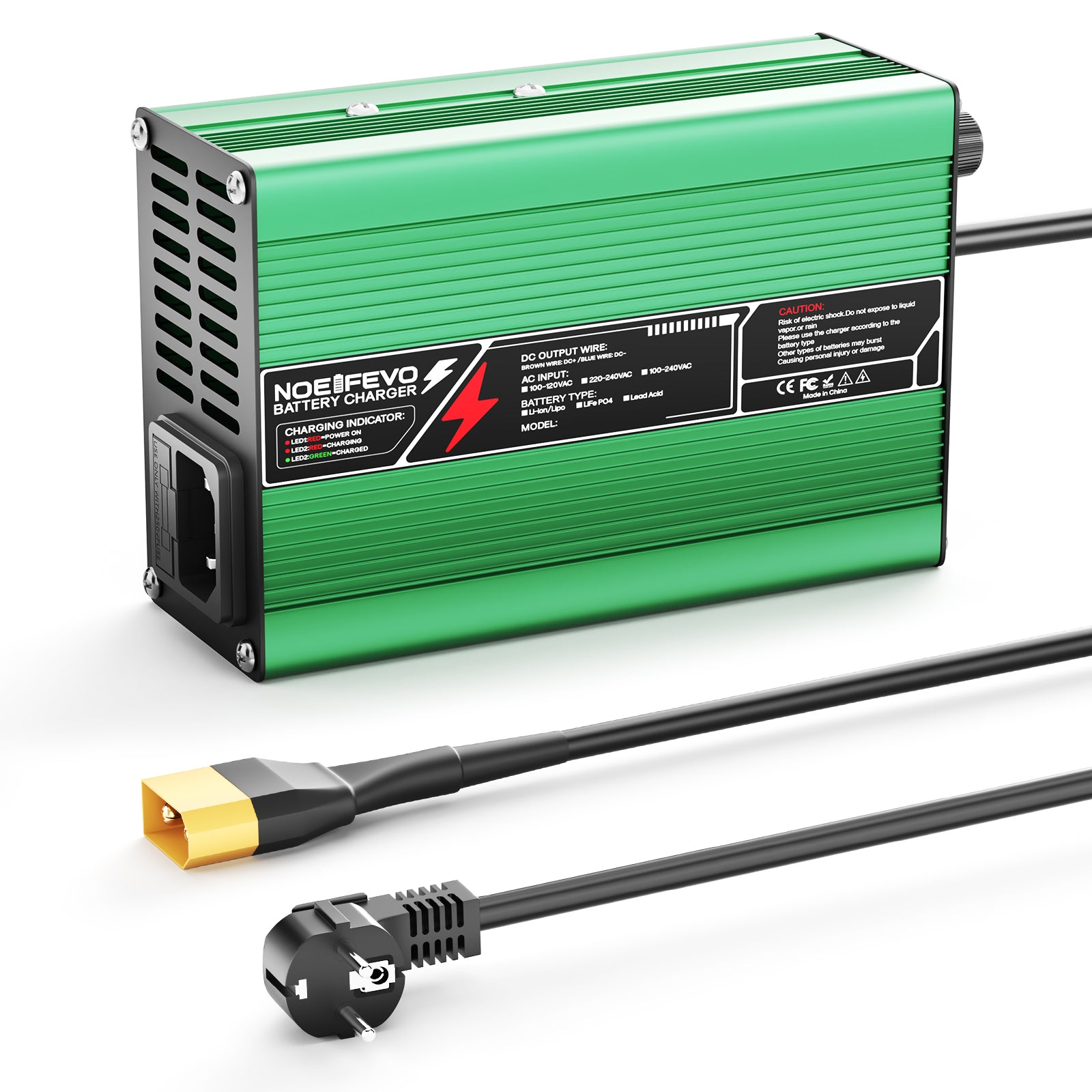 NOEIFEVO 37.8V 2A 3A 3.5A 4A Lithium-oplader voor 9S 33.3V Li-Ion Lipo-batterijen, Koelventilator, automatische uitschakeling (GROEN).