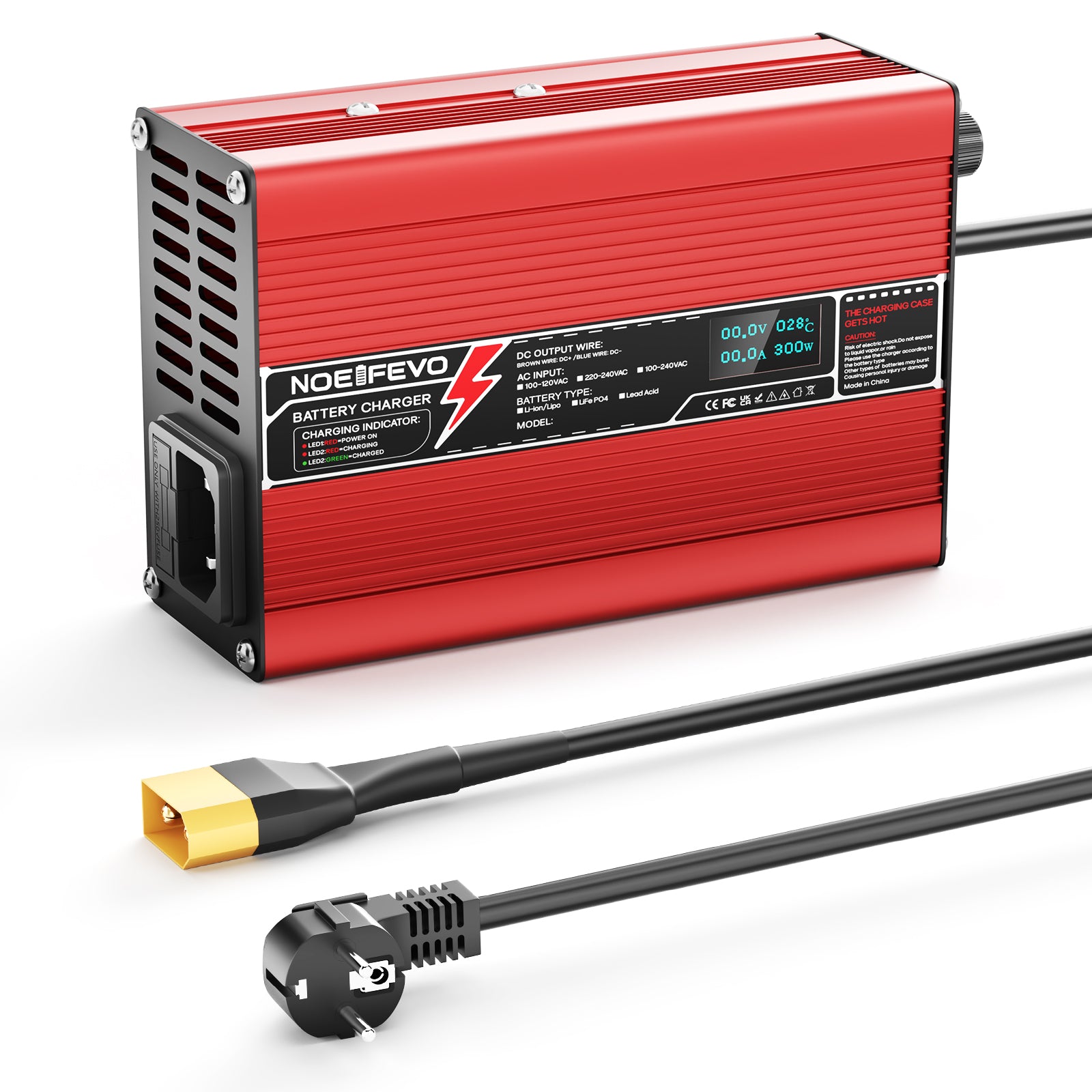 NOEIFEVO 54.6V 2A 2.5A 3A Caricabatterie al litio per batterie 13S 48.1V Li-Ion Lipo, con ventola di raffreddamento, spegnimento automatico (ROSSO)