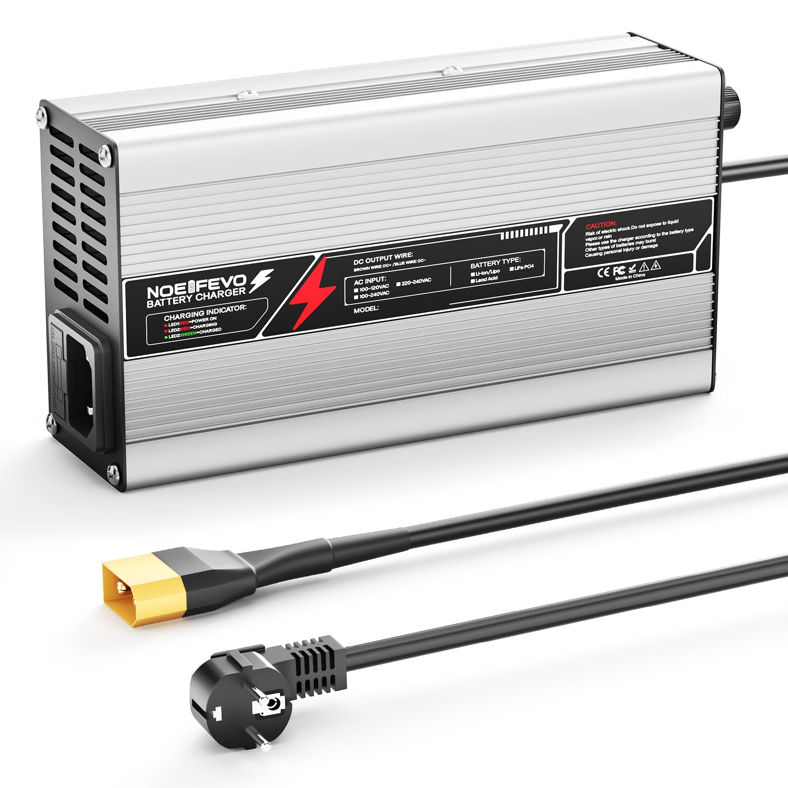 NOEIFEVO 54,6V 8A Lithium-Batterijlader voor 48,1V 13S-batterij, automatische uitschakeling, aluminium behuizing, met ventilator (zilver).