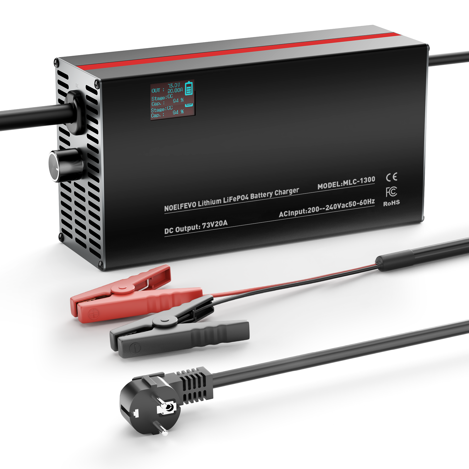 NOEIFEVO 73V 20A Nabíjačka batérií Lithium-LiFePO4 pre batérie LiFePO4 60V 64V 20S, s LCD displejom, nastaviteľný prúd, nabíjačka pre trollingové motory, člny a karavany