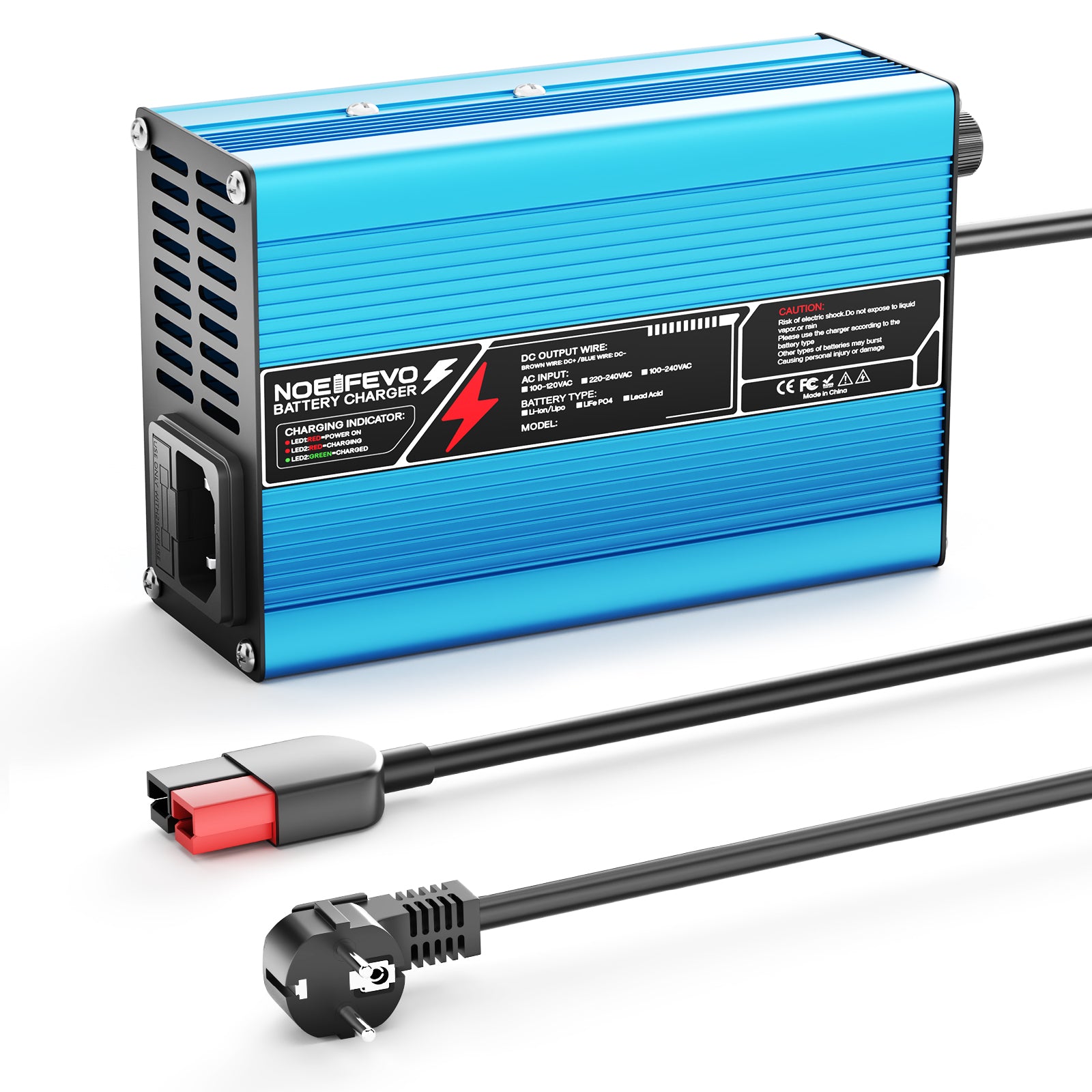 NOEIFEVO 43,8V 6A LiFePO4 Batterijlader voor 38,4 V 12S LiFePO4-batterij, automatische uitschakeling, aluminium behuizing, E-bike scooter, elektromotorfiets