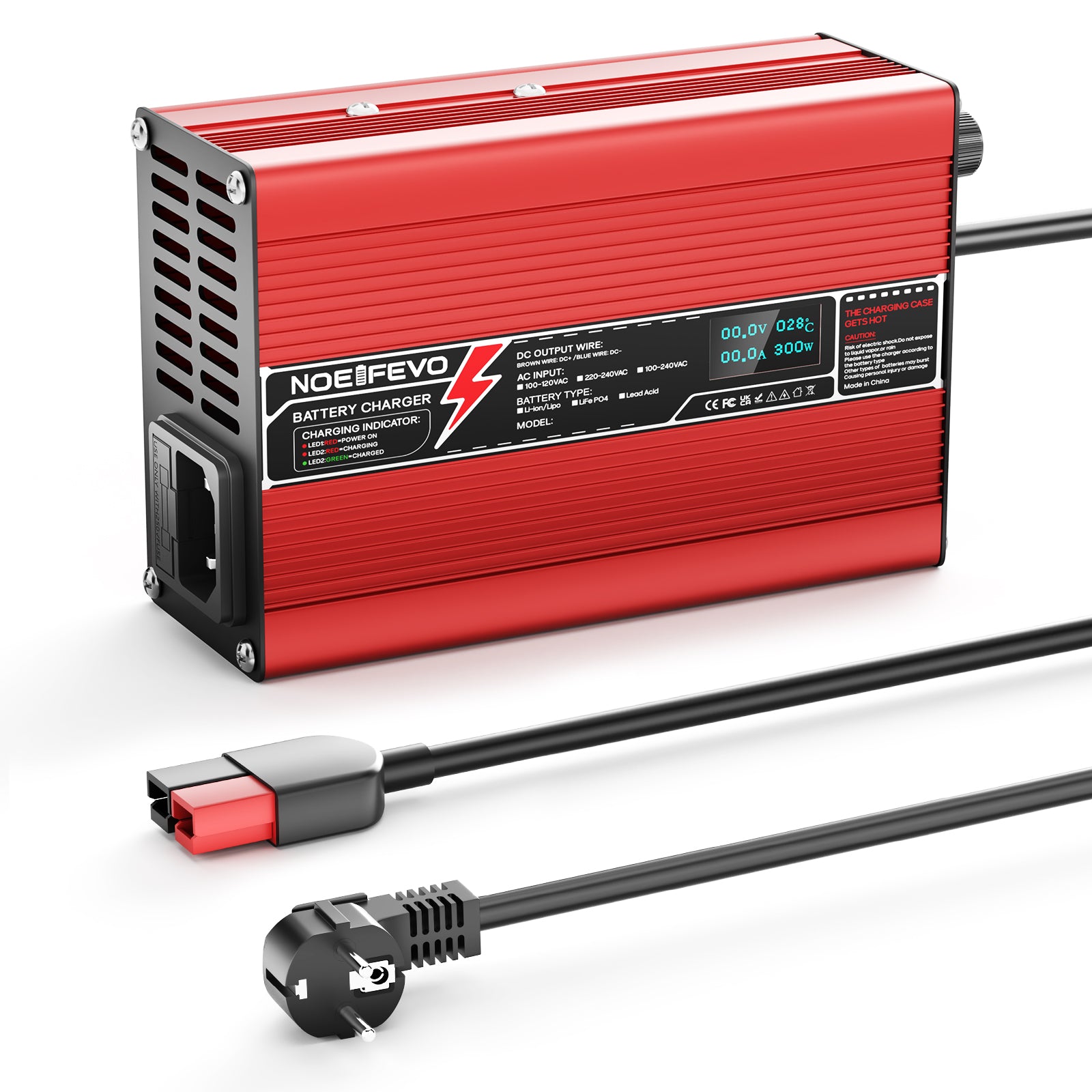 NOEIFEVO 54.6V 2A 2.5A 3A Caricabatterie al litio per batterie 13S 48.1V Li-Ion Lipo, con ventola di raffreddamento, spegnimento automatico (ROSSO)