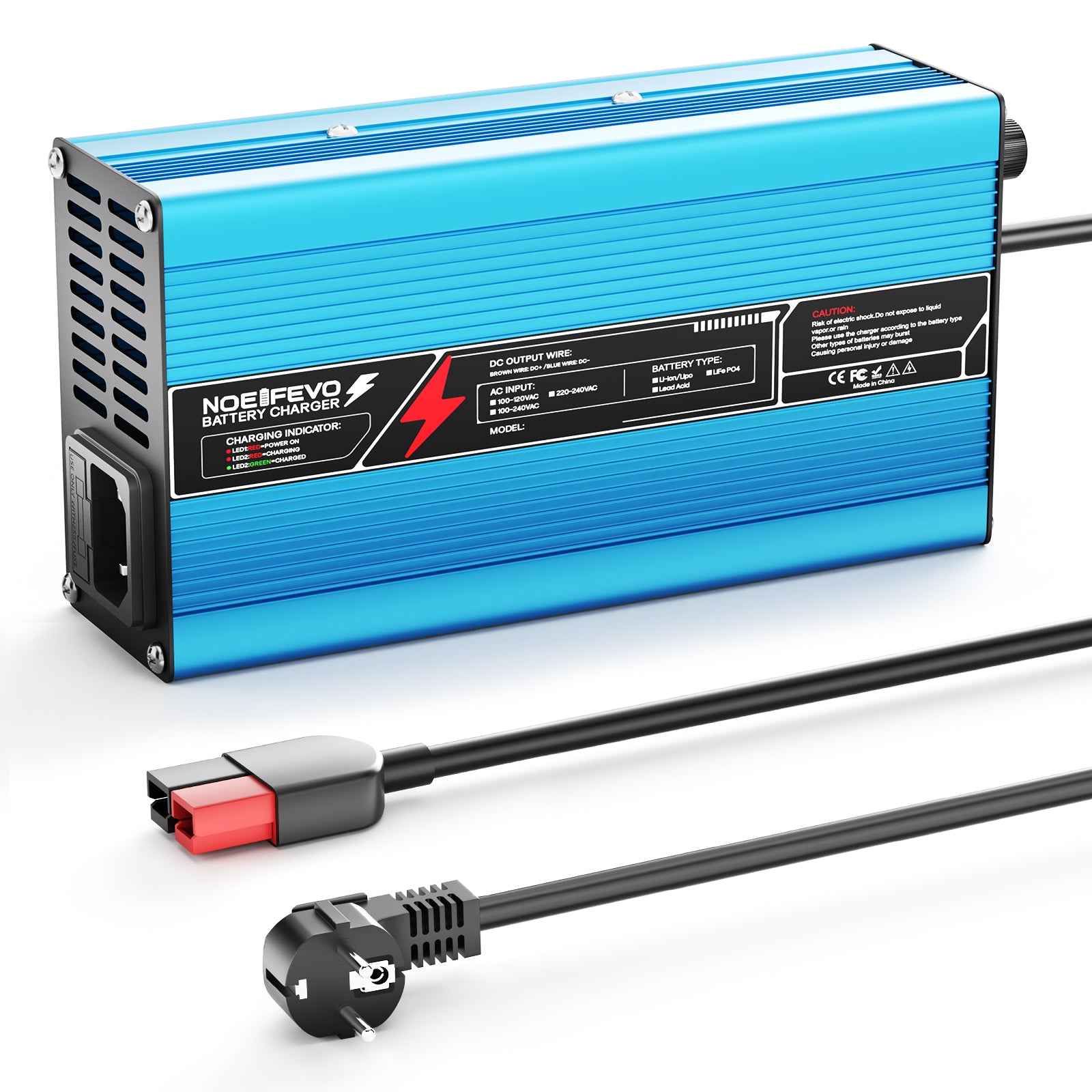 NOEIFEVO 42V 10A 10S Lithium-Batterieladegerät, für 10S 37V Li-Ion Batterie, automatische Abschaltung, Aluminiumgehäuse, mit Lüfter(blau)