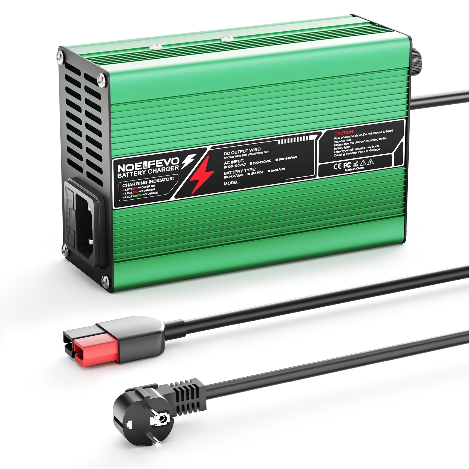 NOEIFEVO 12,6V 10A Lithium-oplader voor 3S 11,1V Li-Ion Lipo-batterijen, koelventilator, automatische uitschakeling (GROEN)
