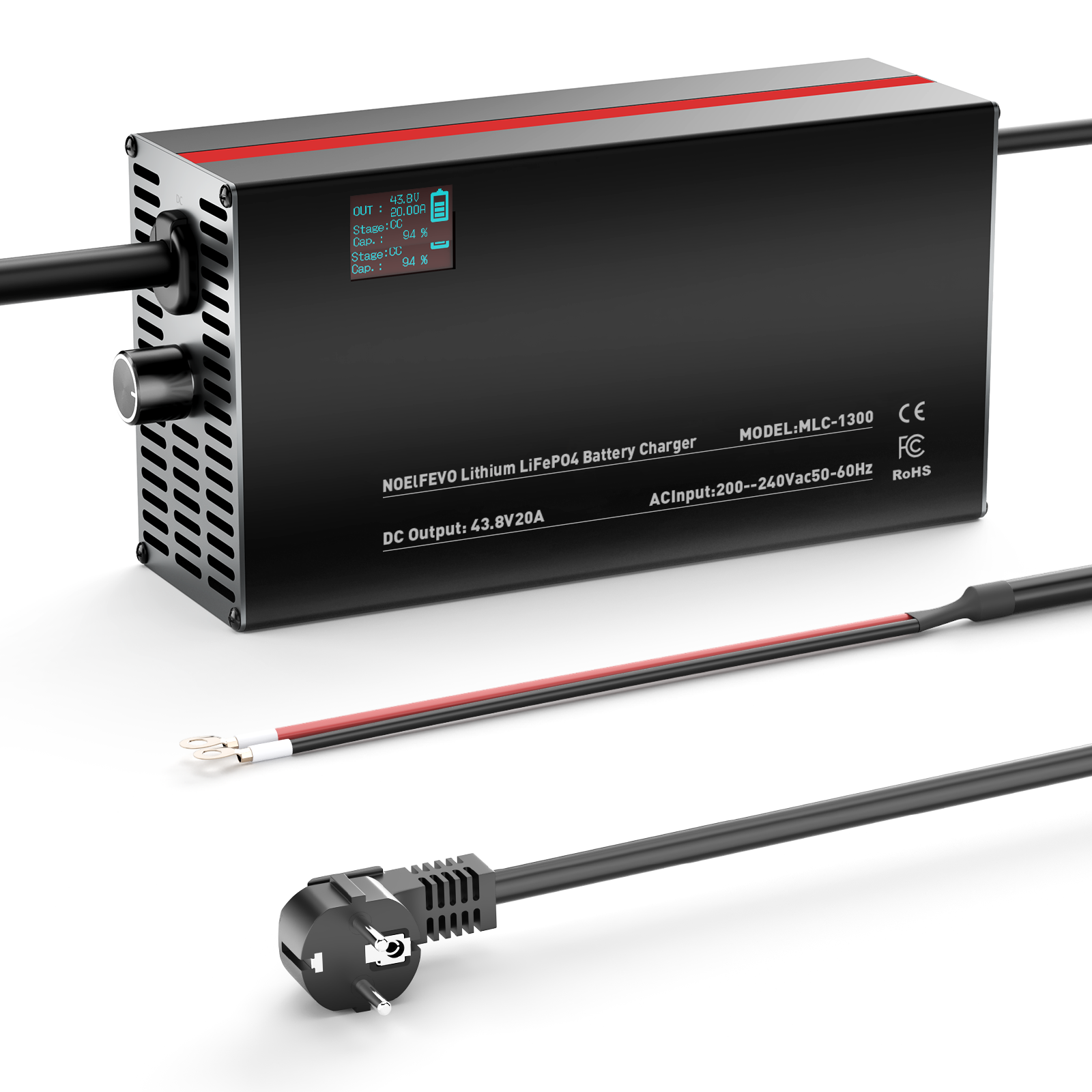 Nabíjačka na batérie LiFePO4 NOEIFEVO 43,8 V 20 A pre 38,4 V 12S LiFePO4 batérie, s LCD displejom, nastaviteľným prúdom, nabíjačka pre golfové vozíky, trollingové motory, lode a karavany.