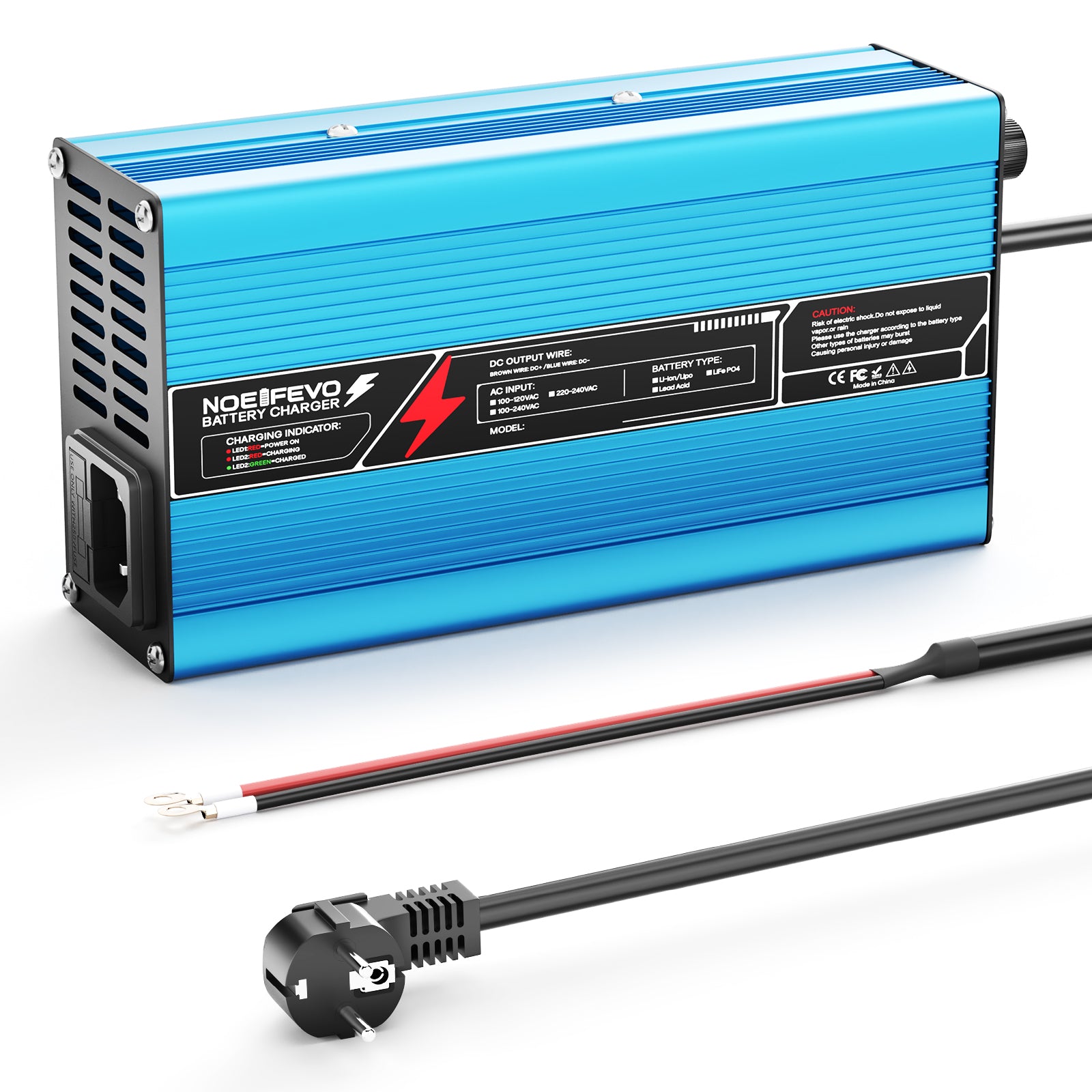 NOEIFEVO 42V 10A 10S Lithium-batterijlader, voor 10S 37V Li-Ion batterij, automatische uitschakeling, aluminium behuizing, met ventilator (blauw)