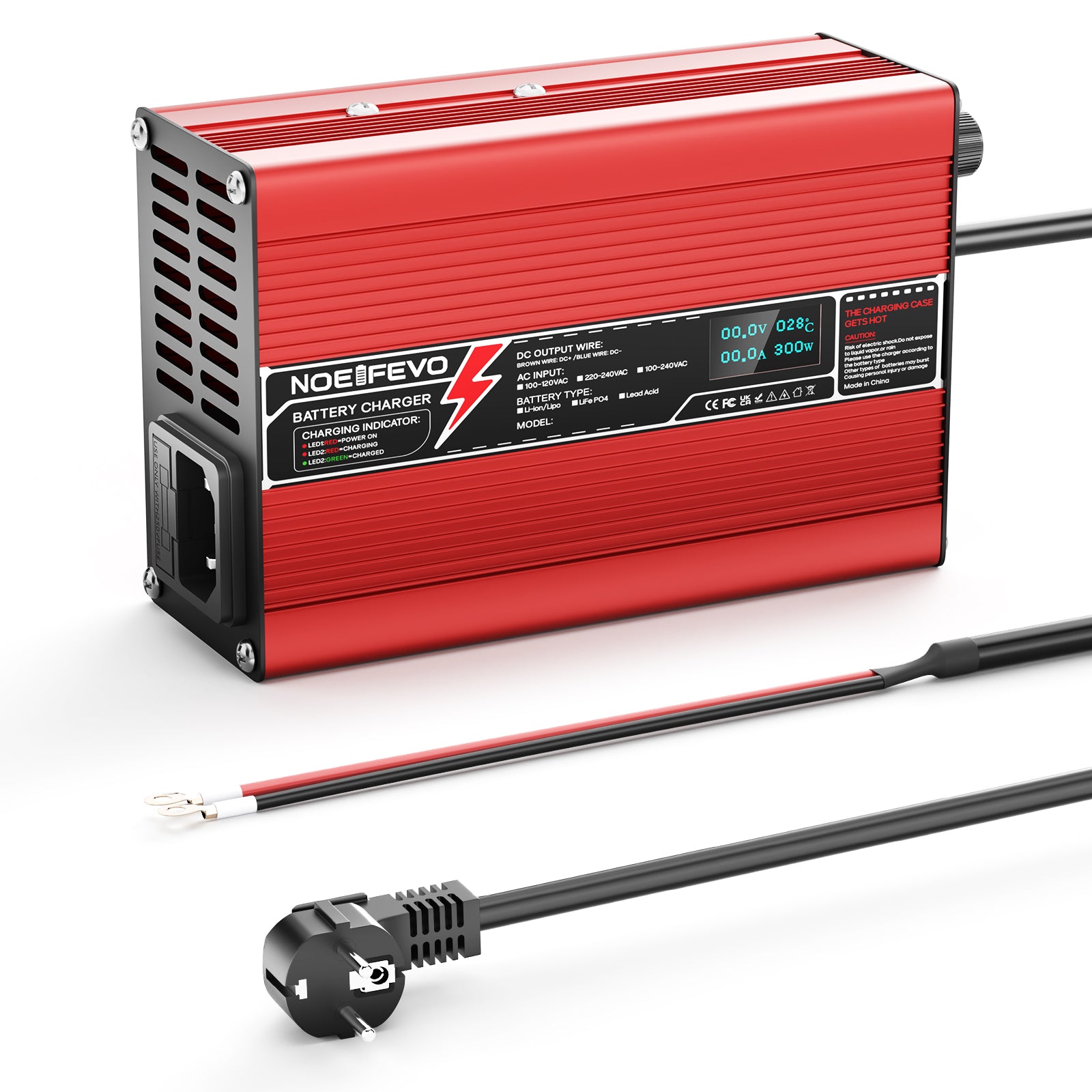 NOEIFEVO 54.6V 2A 2.5A 3A Lithium-Lader voor 13S 48.1V Li-Ion Lipo-batterijen, Koelventilator, automatische uitschakeling (ROOD)