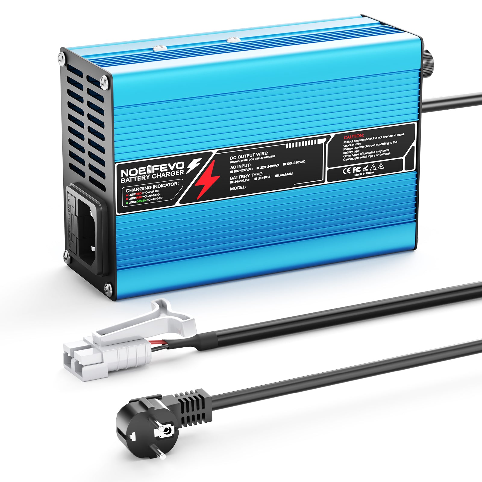 NOEIFEVO 36.5V 2A 3A 3.5A 4A LiFePO4 Batterijoplader voor 10S 32V LiFePO4 Batterij, automatische uitschakeling (BLAUW)