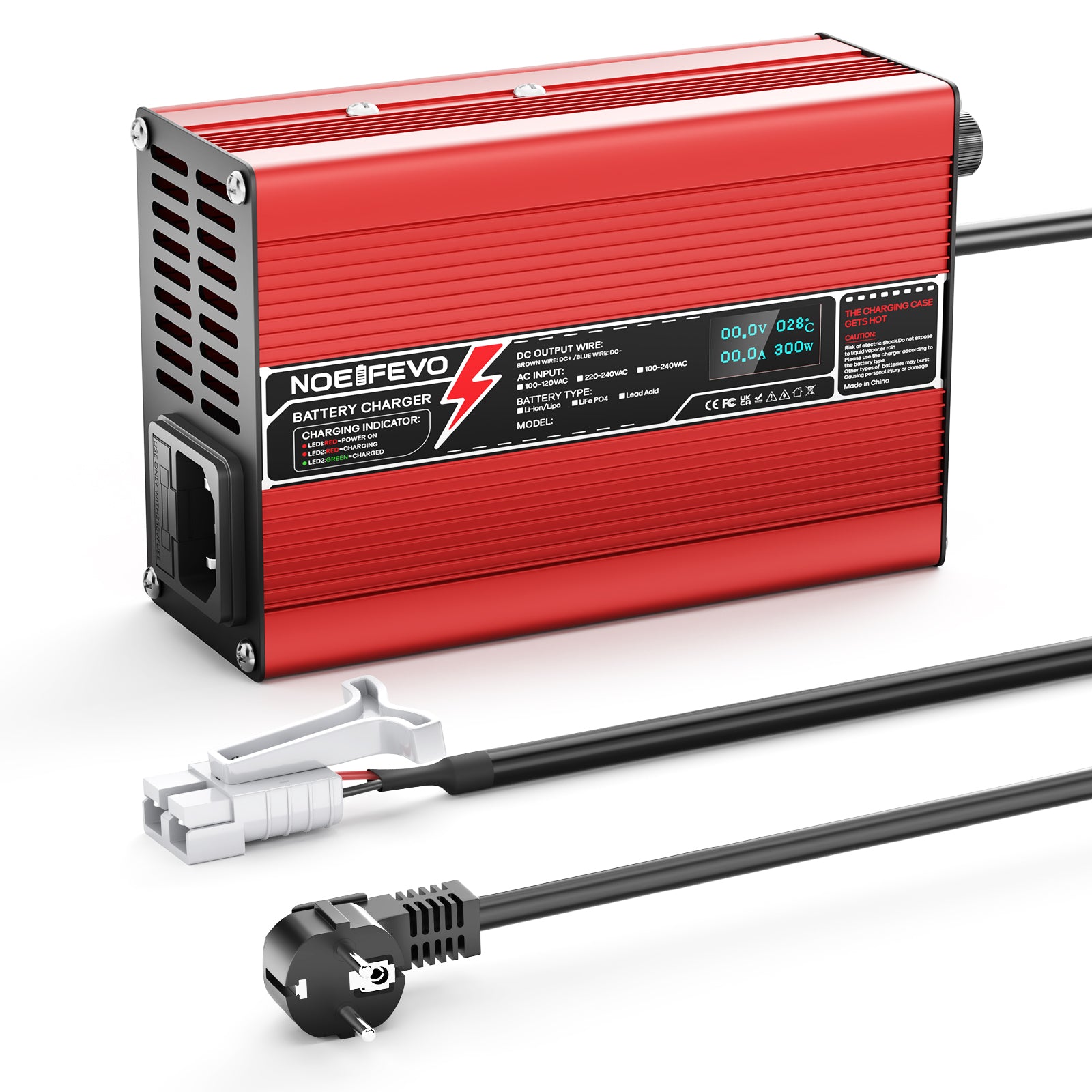 NOEIFEVO 50.4V 2A 2.5A 3A Lithium-Ladegerät für 12S 44.4V Li-Ion Lipo-Batterien, mit LCD-Anzeige, Kühlventilator, automatischer Abschaltung(RED)