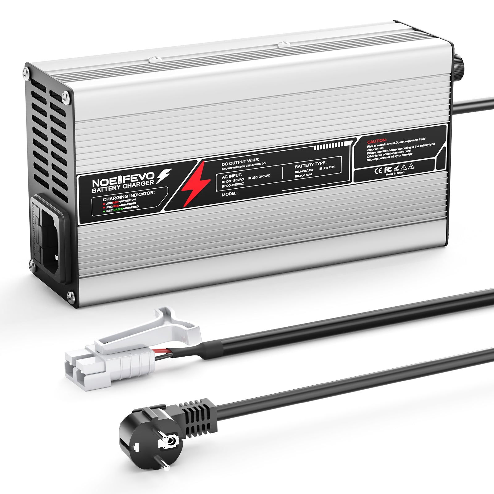 NOEIFEVO 54,75V 8A LiFePO4-accu lader voor 48V 15 S-batterij, automatische uitschakeling, aluminium behuizing, met ventilator (Zilver)