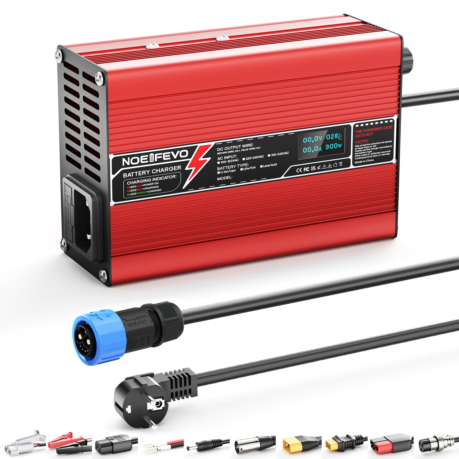 NOEIFEVO 41.4V-44.1V 4A  Blei-Säure-Batterieladegerät für 36V Blei-Säure Batterie, Mit LCD-Anzeige, Kühlventilator, automatischer Abschaltung(RED)