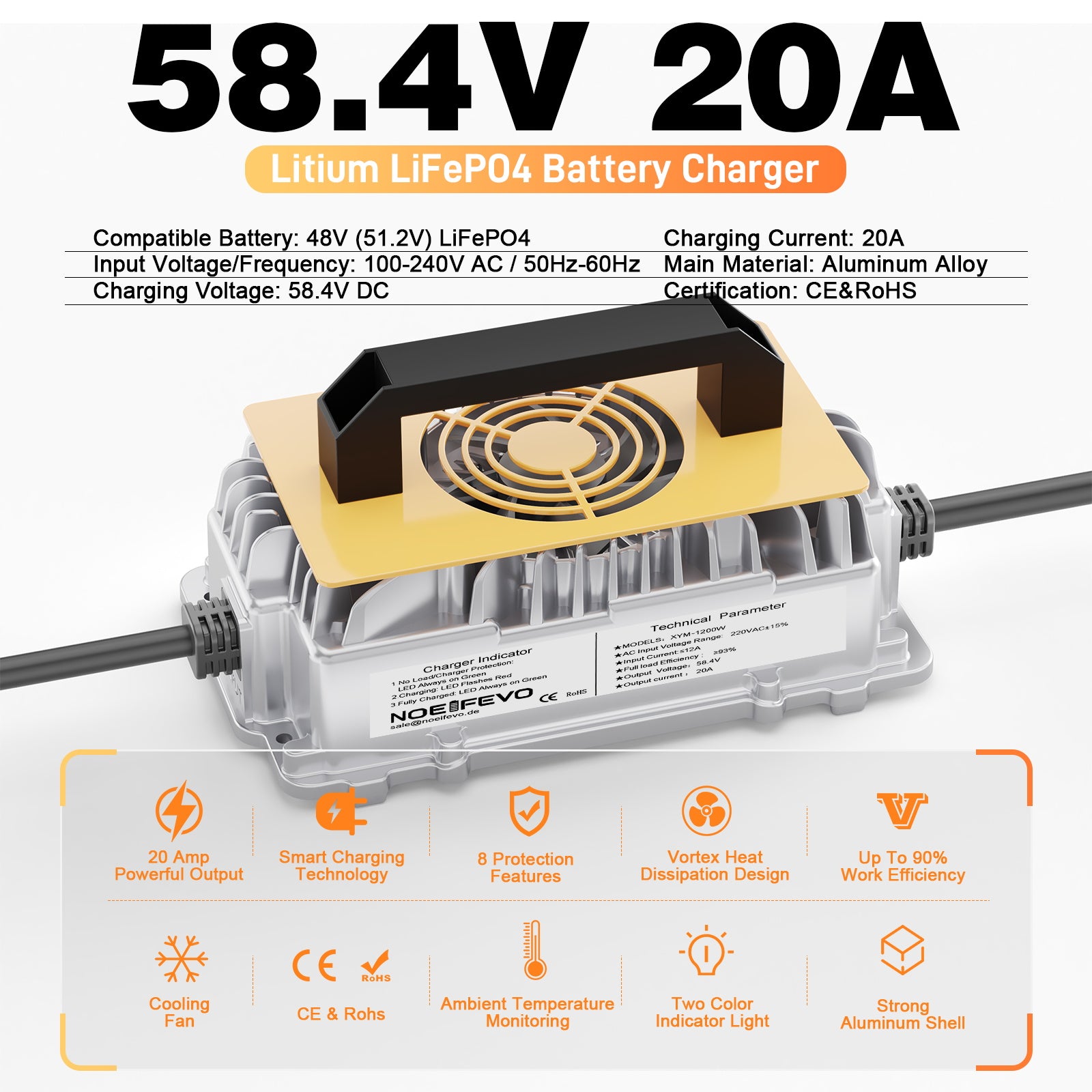 NOEIFEVO 58,4 V 20A Lifepo4 litio al batterie per Caricabatterie   per batteria 48 V (51,2 V) 16 S, impermeabile, attivazione BMS 0 V, spegnimento automatico con protezione completa