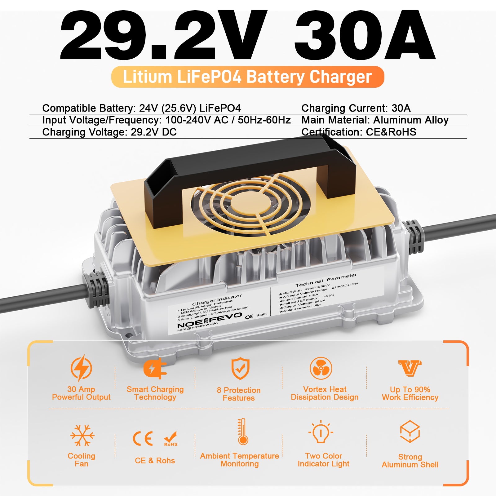 Noeifevo 29,2 V 30 A LiFePO4 Caricabatterie  per batteria al litio 24 V 25,6 V, impermeabile, attivazione BMS 0 V, spegnimento automatico