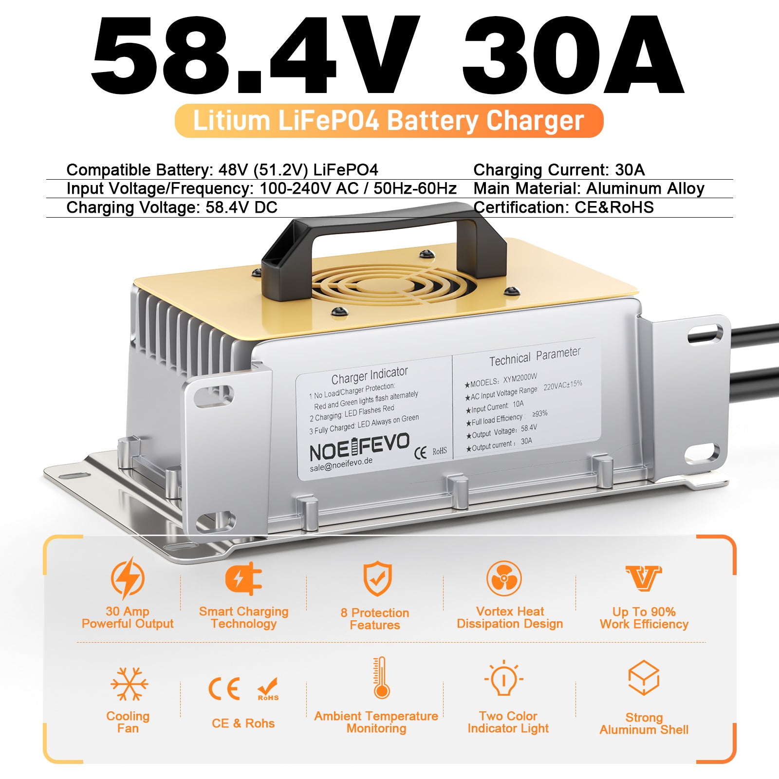 NOEIFEVO 58.4V 30A LiFePO4 Caricabatteria per 51.2V (48V) 16S LiFePO4 batteria, impermeabile, 0V BMS abilitato