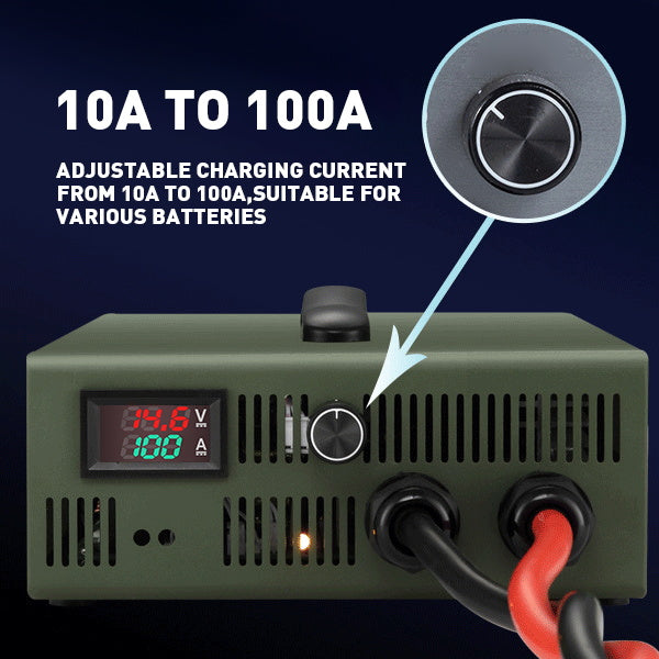 NOEIFEVO 12V 10A-100A Lithium LiFePO4 Batteriladdare, Laddningsspänning 14,6V, LCD Display, Strömställbar, Fläkt