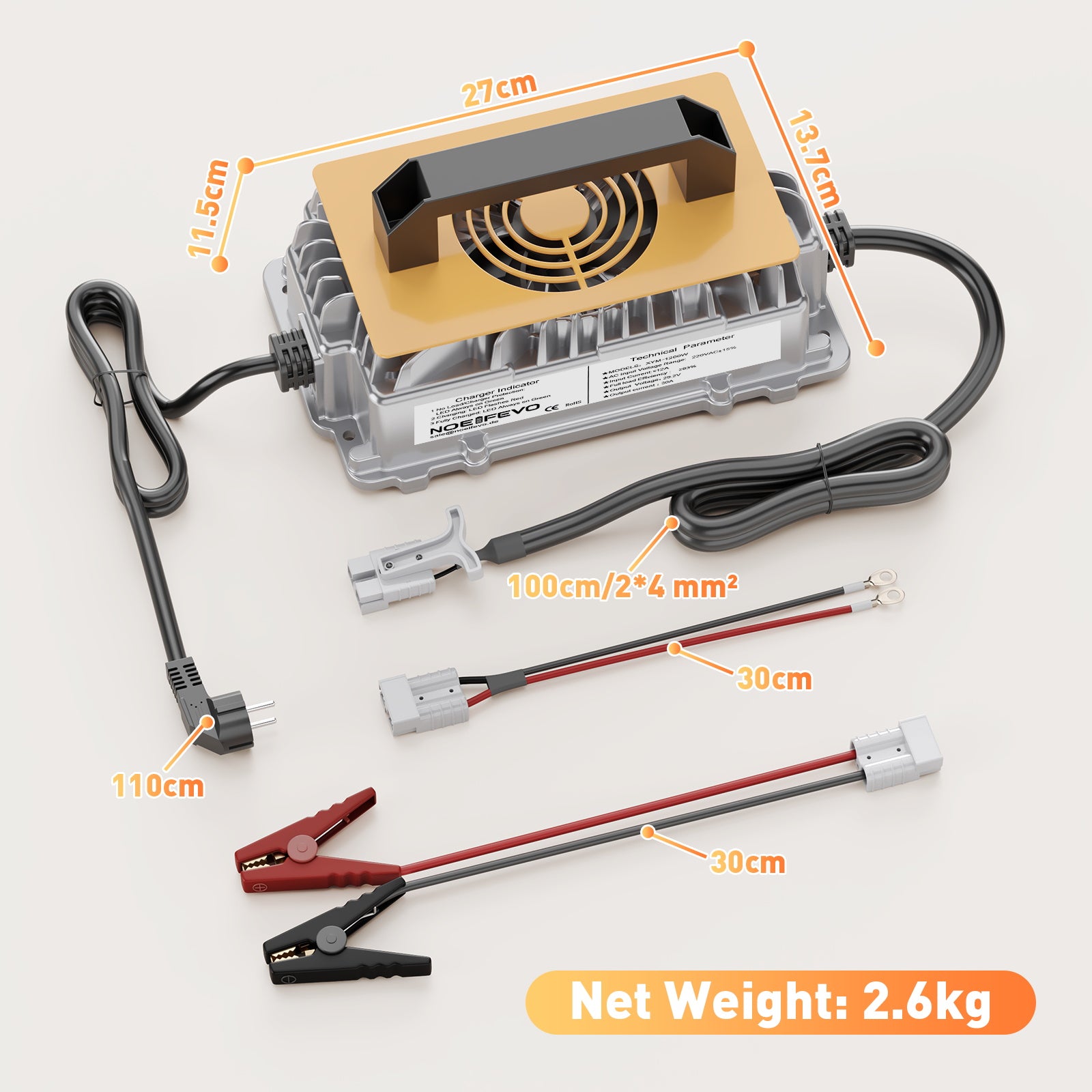 Noeifevo 29,2 V 30 A LiFePO4 Caricabatterie  per batteria al litio 24 V 25,6 V, impermeabile, attivazione BMS 0 V, spegnimento automatico