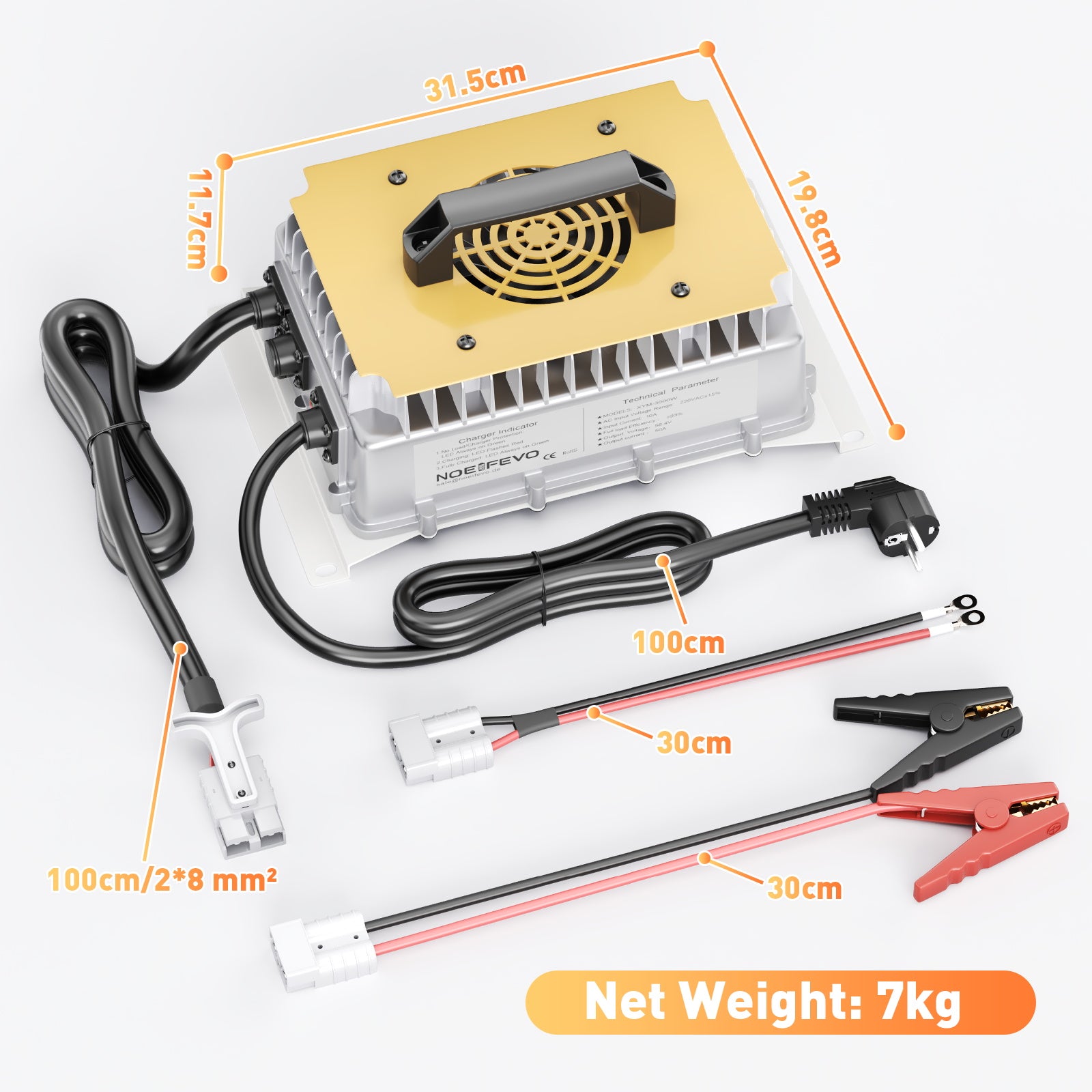 NOEIFEVO 58,4V 50A LiFePO4 nabíjačka pre 51,2V (48V) 16S LiFePO4 batériu, vodotesná, 0V BMS aktivovaná