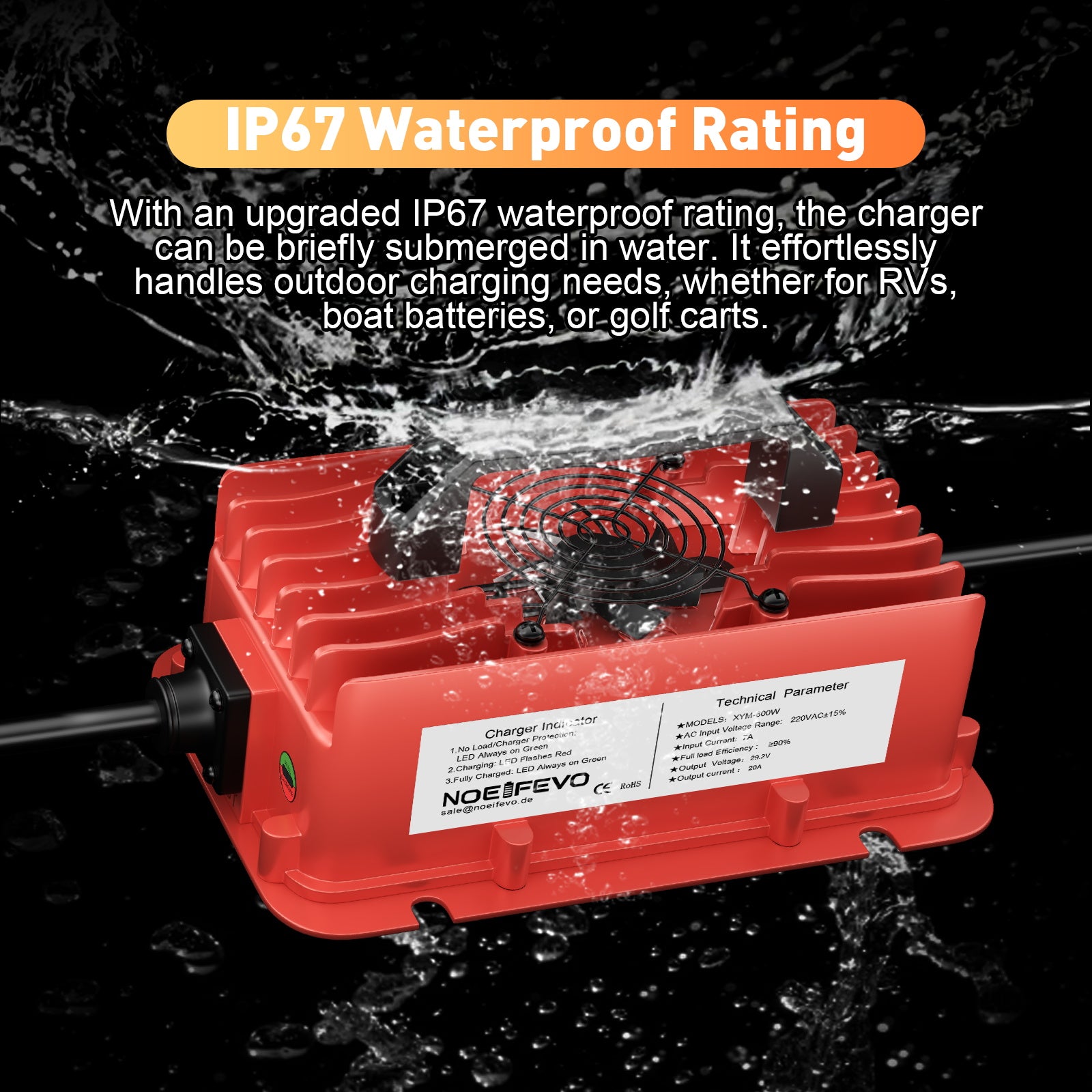 NOEIFEVO 29.2V 20A waterdichte LiFePO4-batterijlader voor 25.6V (24V) 8S lithiumbatterij, 0V BMS-activering, met volledige bescherming
​