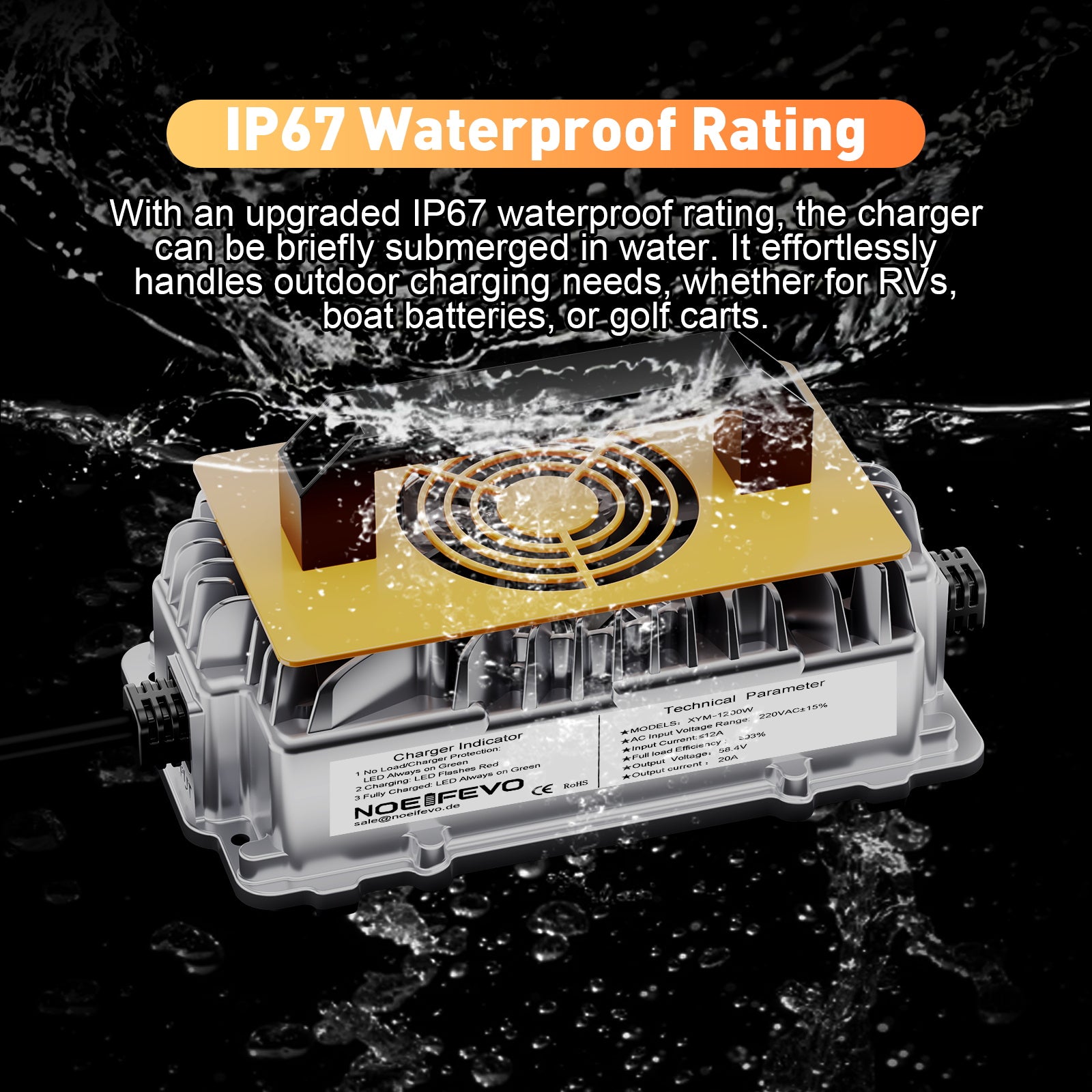 NOEIFEVO 58,4 V 20A Lifepo4 litio al batterie per Caricabatterie   per batteria 48 V (51,2 V) 16 S, impermeabile, attivazione BMS 0 V, spegnimento automatico con protezione completa