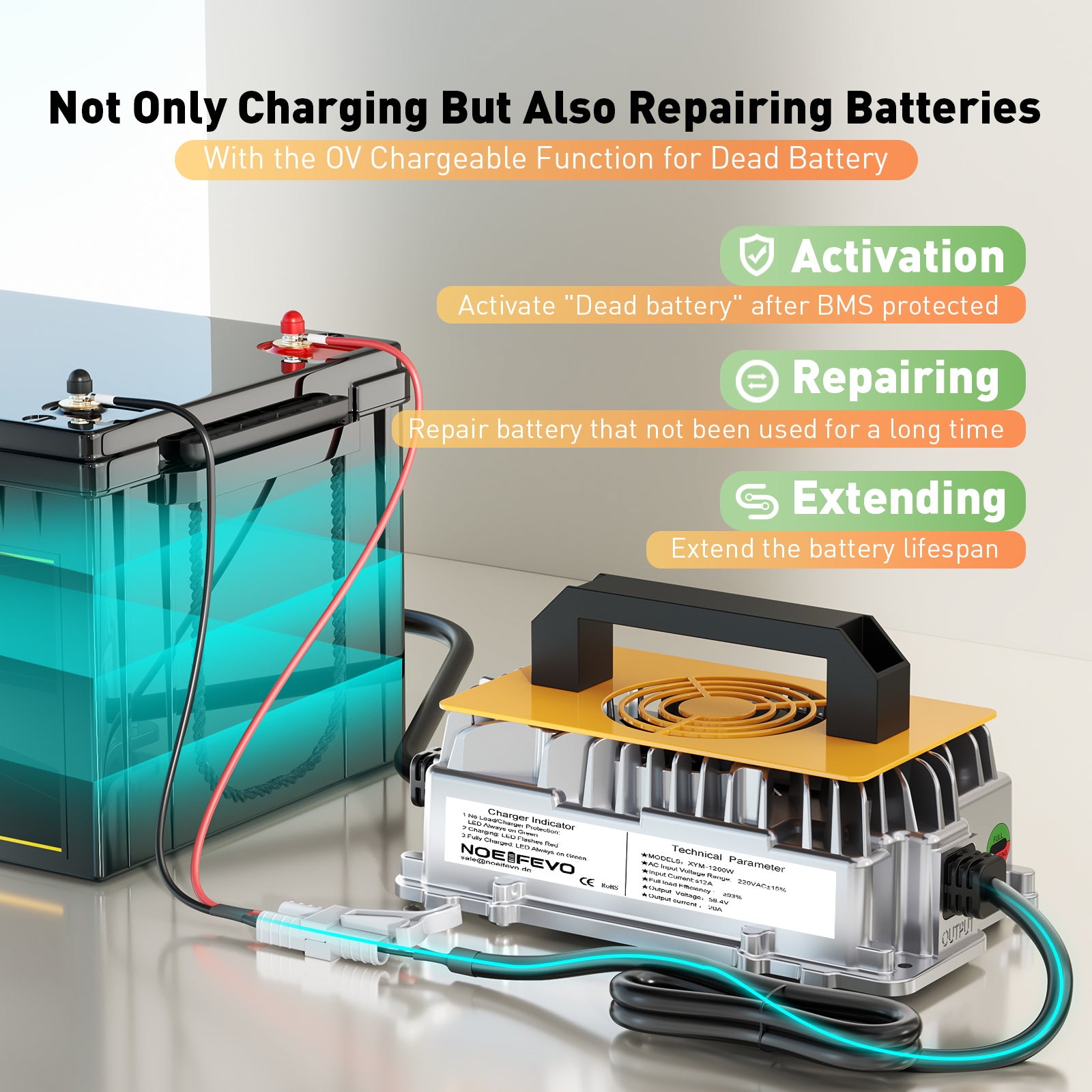 NOEIFEVO 58,4 V 20A Lifepo4 litio al batterie per Caricabatterie   per batteria 48 V (51,2 V) 16 S, impermeabile, attivazione BMS 0 V, spegnimento automatico con protezione completa