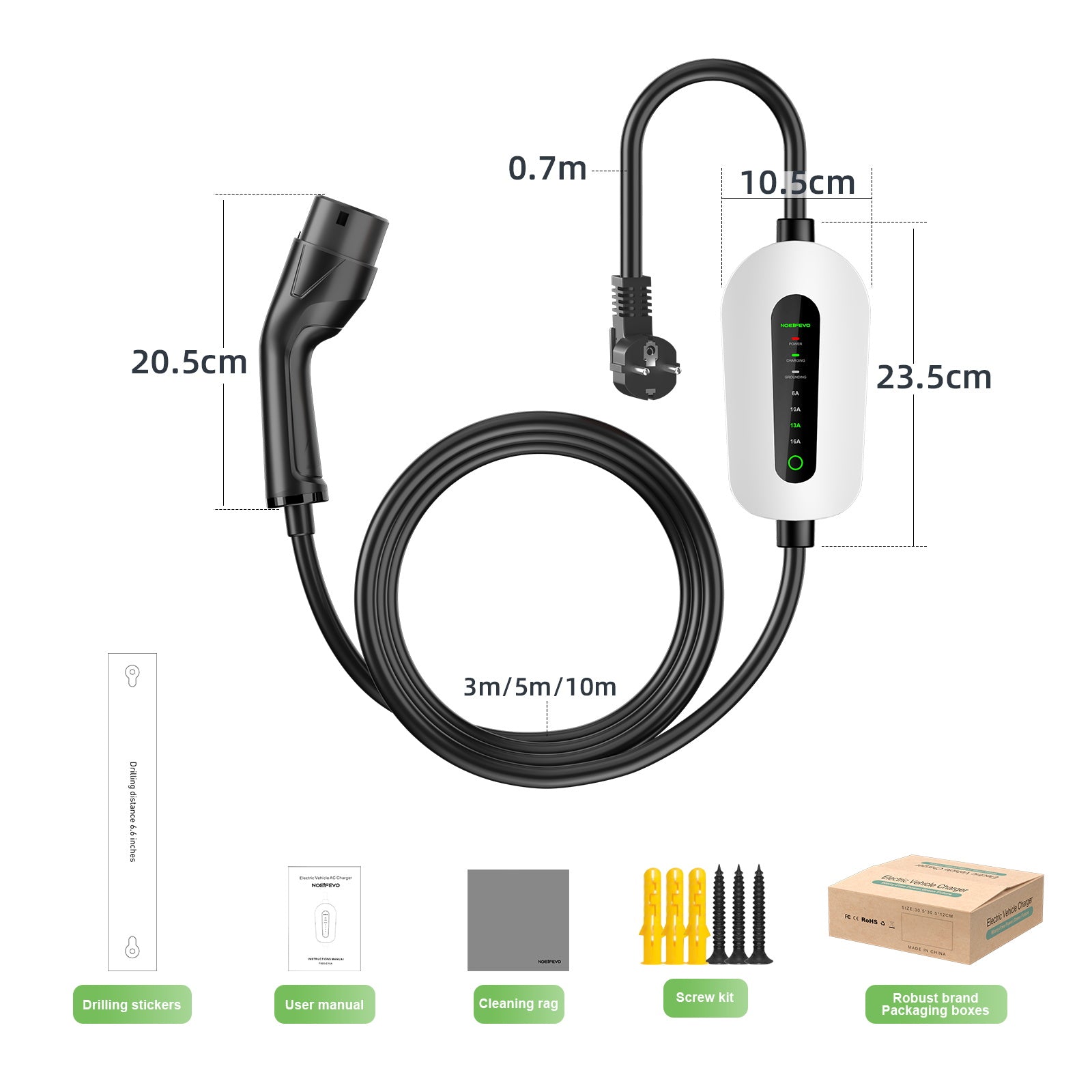 NOEIFEVO F095 Type 2 to Schuko EV nabíjecí kabel pro elektromobil, 3,5KW 6A až 16A nastavitelný proud, 3m/5m/10m