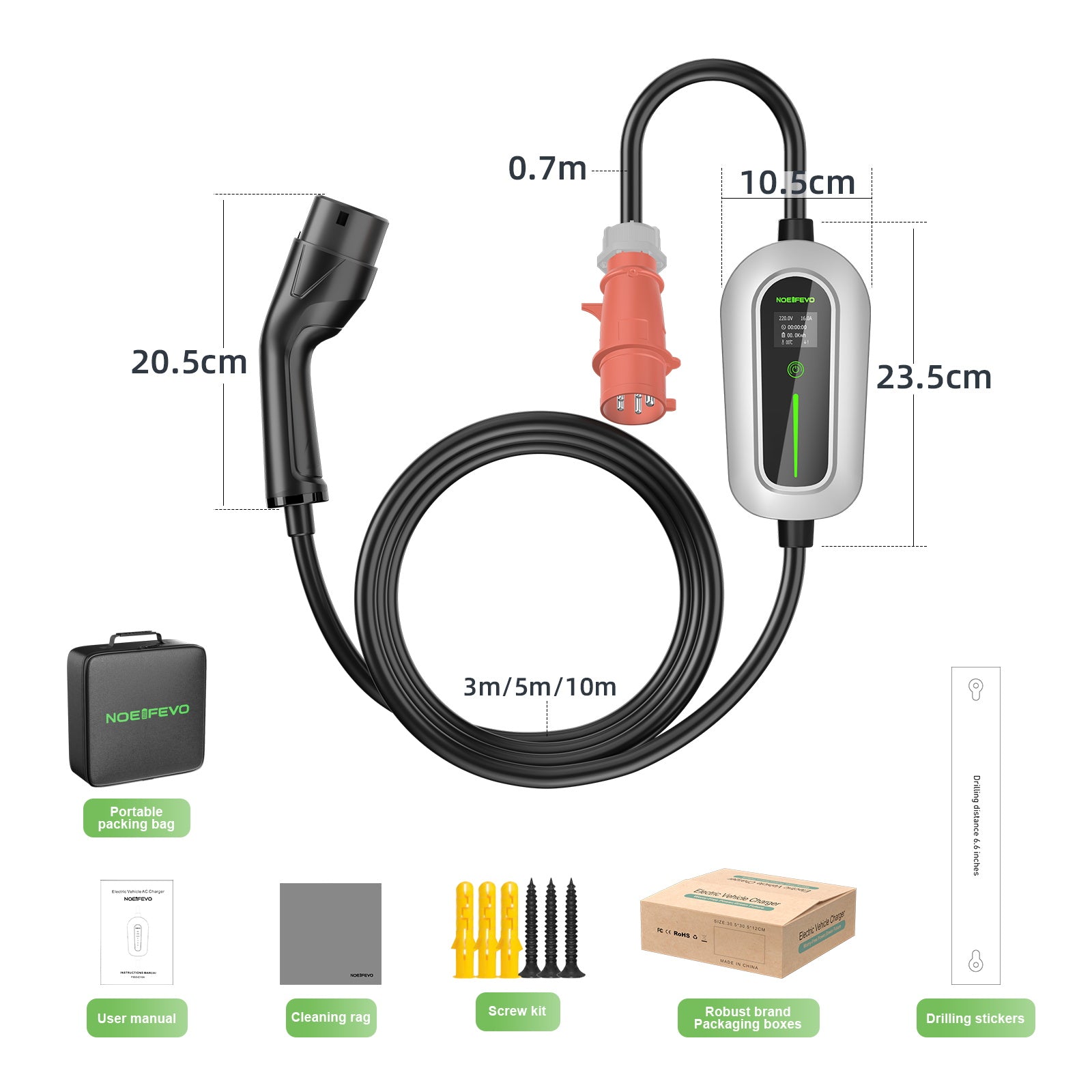 Nabíjecí stanice Noeifevo F094 EV, 11KW 16A 3fázová mobilní nabíječka pro elektromobily typu 2