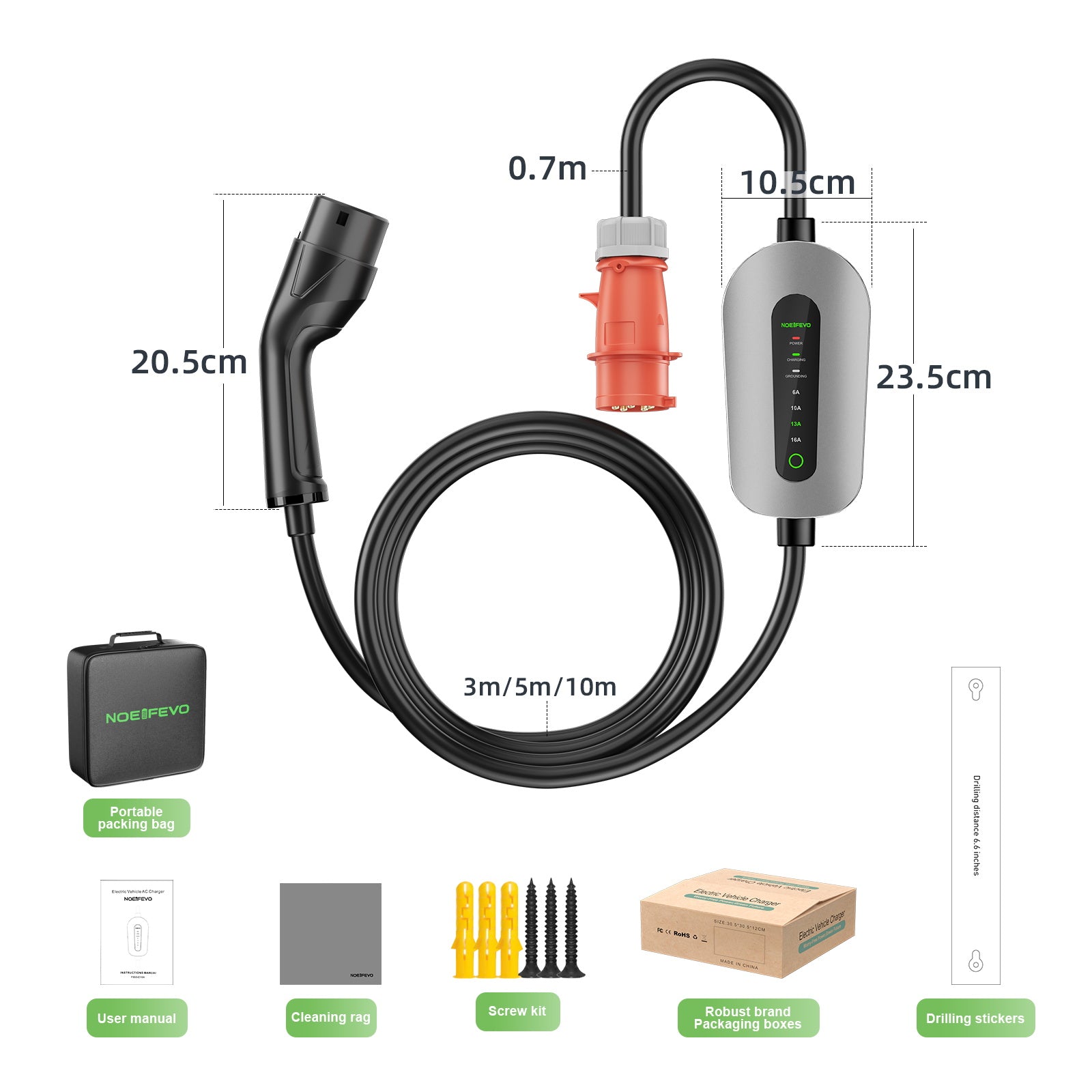 NOEIFEVO F095-3 Typ 2 Zu CEE16A EV Ladekabel für Elektrofahrzeug , 11KW Wallbox 6A bis 16A einstellbarer Strom, 3m/5m/10m