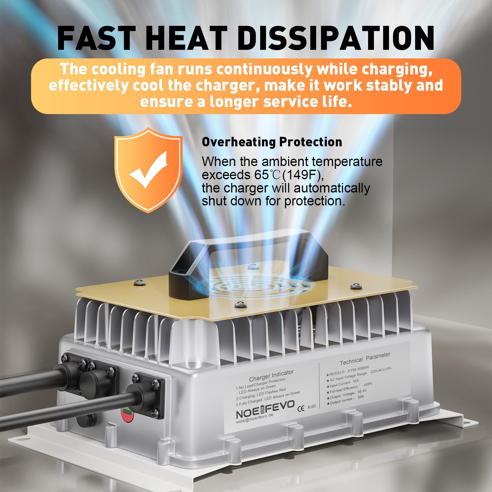 NOEIFEVO 58,4V 50A LiFePO4 nabíjačka pre 51,2V (48V) 16S LiFePO4 batériu, vodotesná, 0V BMS aktivovaná
